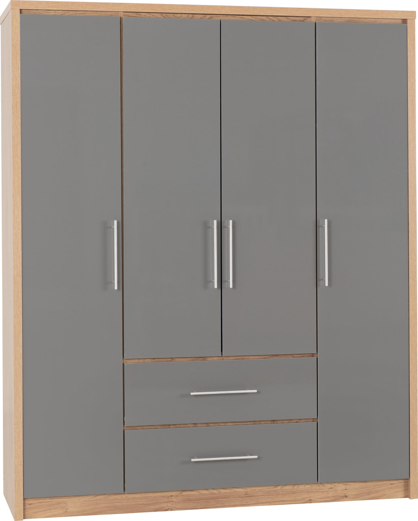 SEVILLE 4 DOOR 2 DRAWER WARDROBE - GREY HIGH GLOSS/LIGHT OAK EFFECT VENEER