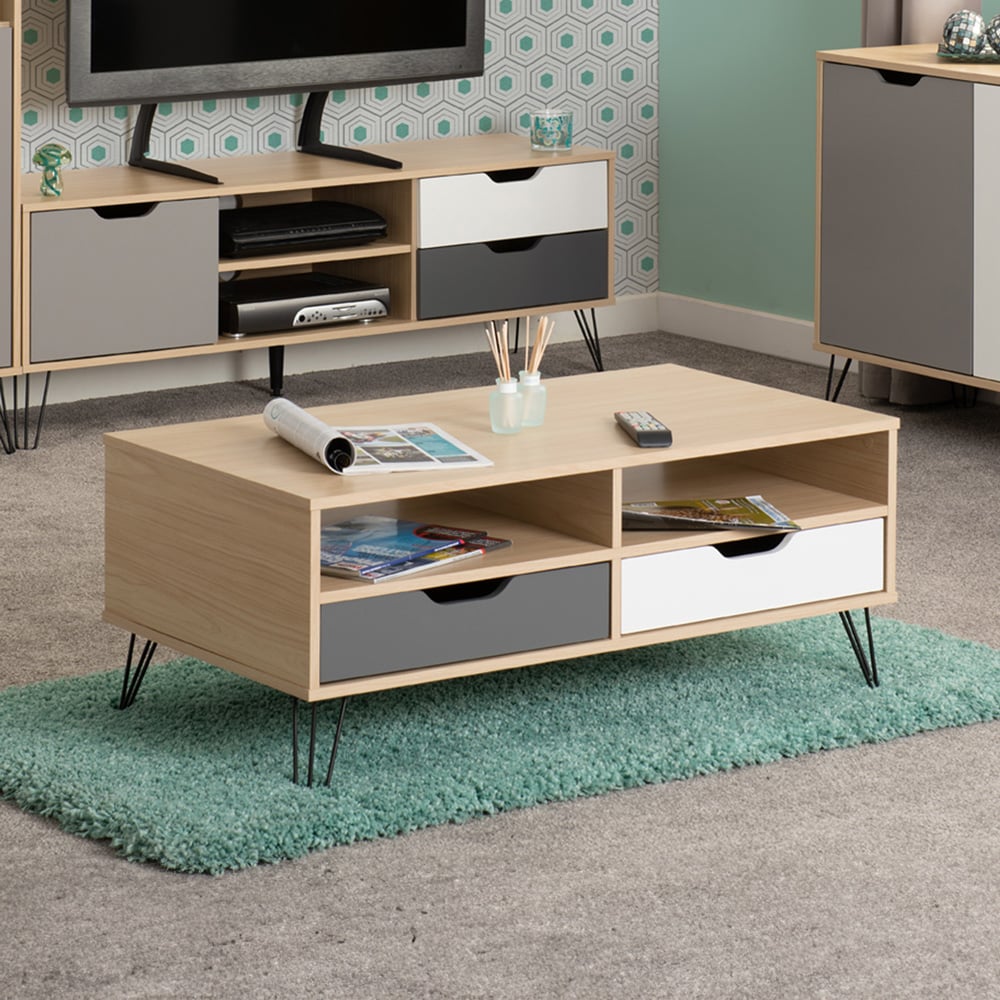 BERGEN 2 DRAWER COFFEE TABLE - OAK EFFECT/WHITE/GREY