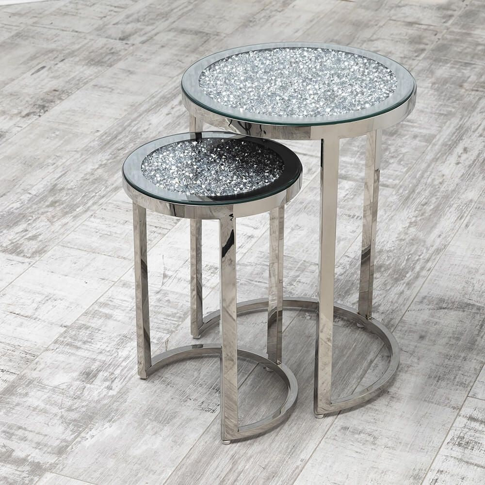 Arcadia Crushed Diamond Mirrored Round Nest of 2 Tables