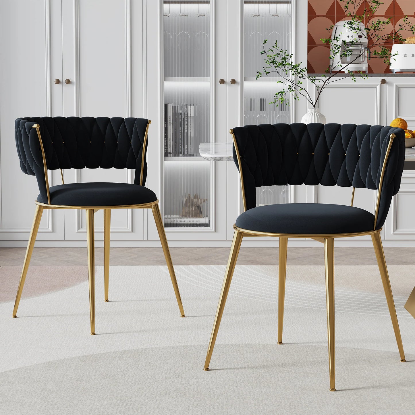 Set of 2 Black Shimmer Fabric Gold Dining Chair