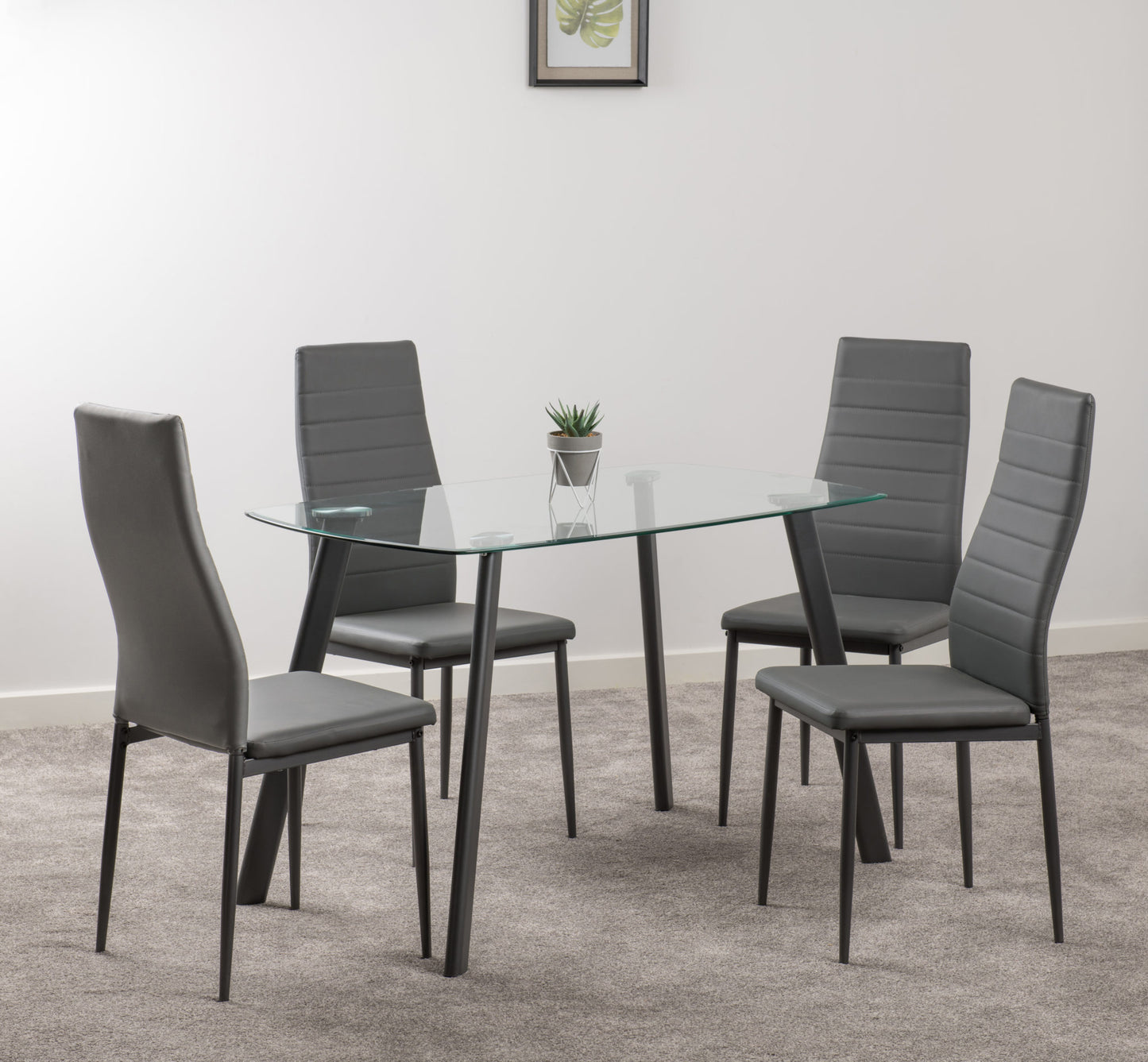 ABBEY DINING SET - CLEAR GLASS/GREY/GREY FAUX LEATHER