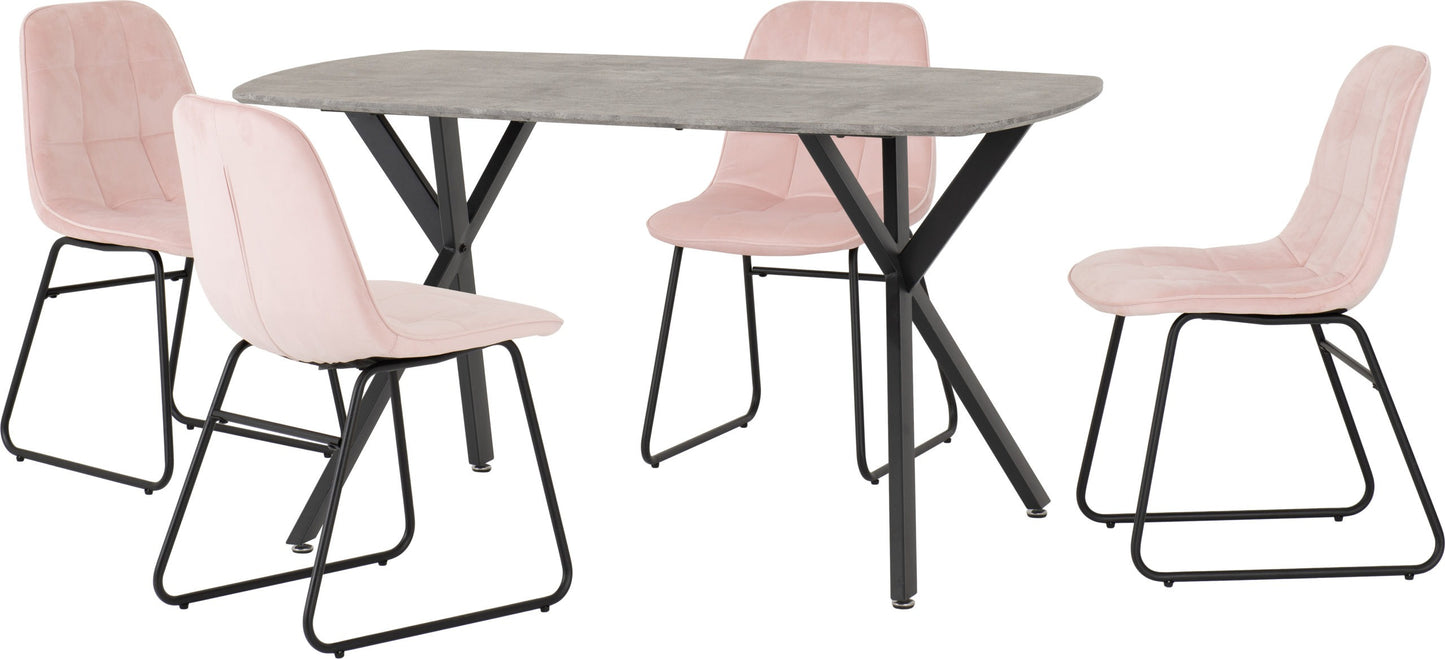 ATHENS RECTANGULAR DINING SET WITH LUKAS CHAIRS - CONCRETE EFFECT/BLACK/BABY PINK VELVET