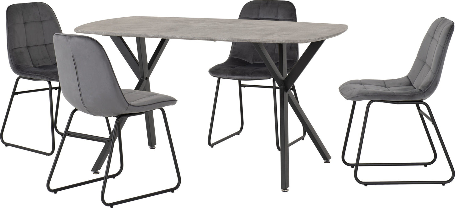 ATHENS RECTANGULAR DINING SET WITH LUKAS CHAIRS - CONCRETE EFFECT/BLACK/GREY VELVET