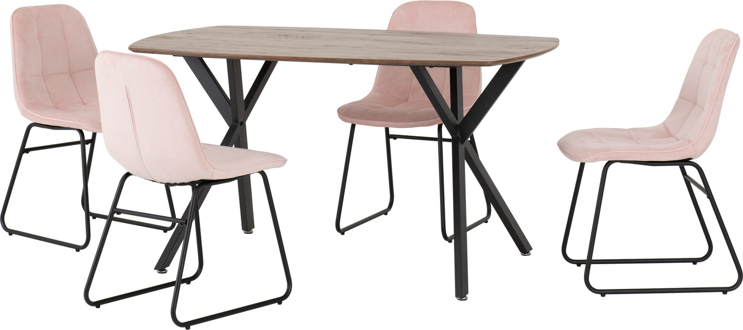 ATHENS RECTANGULAR DINING SET WITH LUKAS CHAIRS - MEDIUM OAK EFFECT/BLACK/BABY PINK VELVET