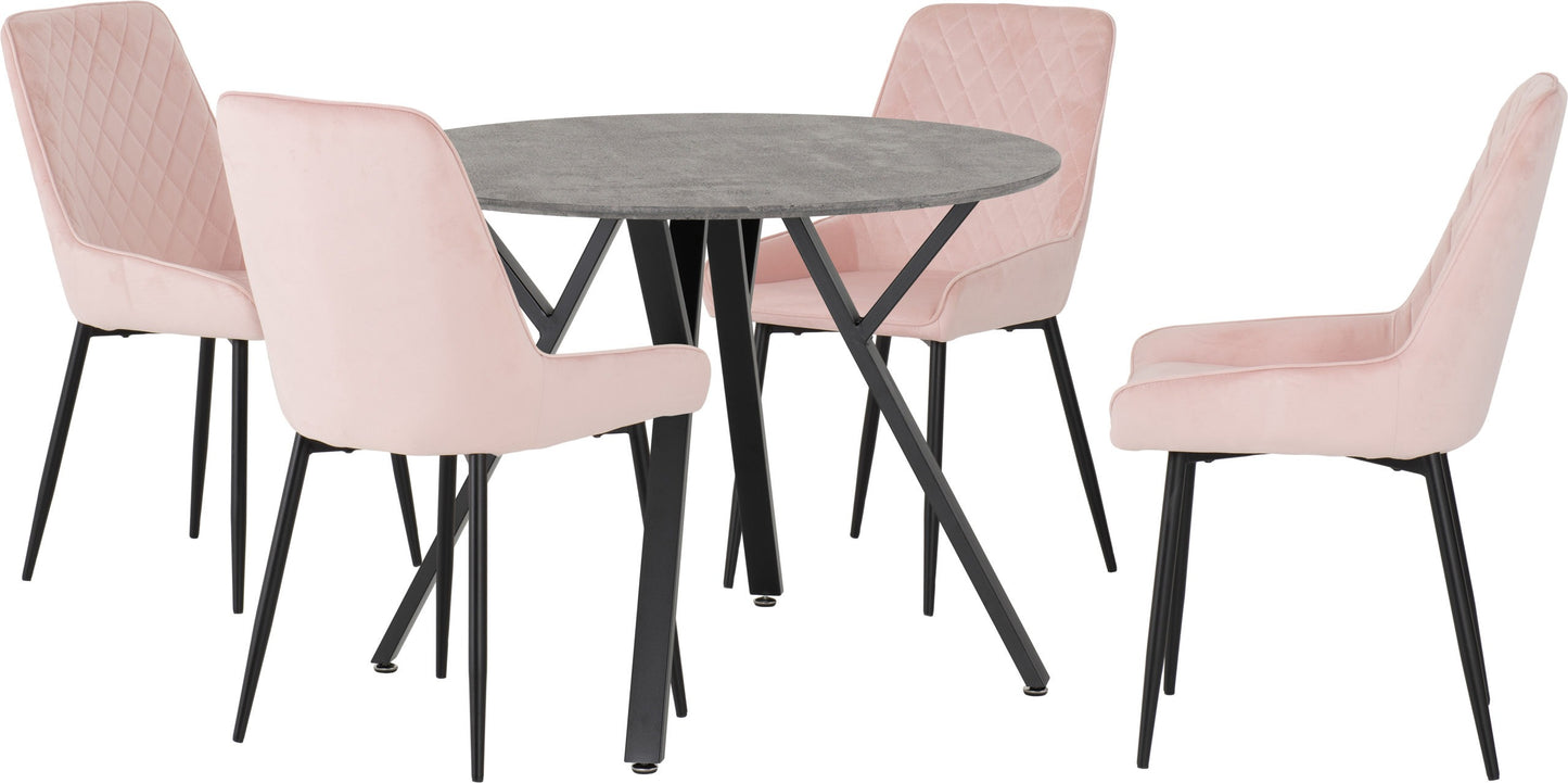 ATHENS ROUND DINING SET WITH AVERY CHAIRS - CONCRETE EFFECT/BLACK/BABY PINK VELVET