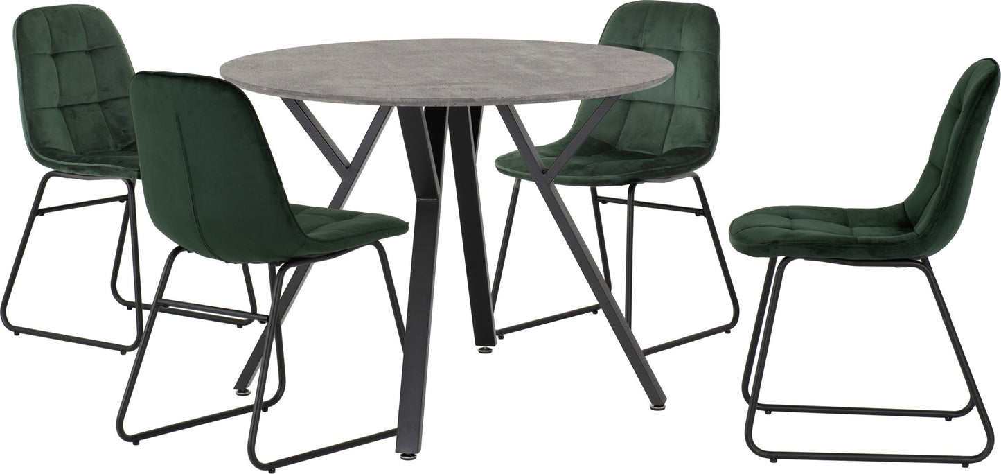 ATHENS ROUND DINING SET WITH LUKAS CHAIRS - CONCRETE EFFECT/BLACK/EMERALD GREEN VELVET