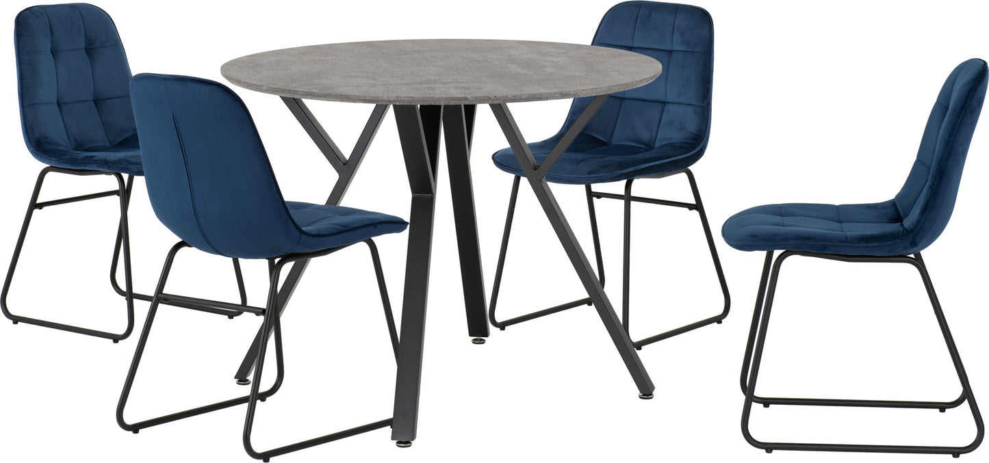 ATHENS ROUND DINING SET WITH LUKAS CHAIRS - CONCRETE EFFECT/BLACK/SAPPHIRE BLUE VELVET