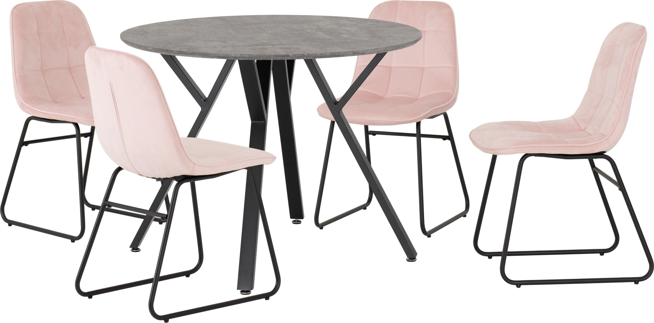 ATHENS ROUND DINING SET WITH LUKAS CHAIRS - CONCRETE EFFECT/BLACK/BABY PINK VELVET