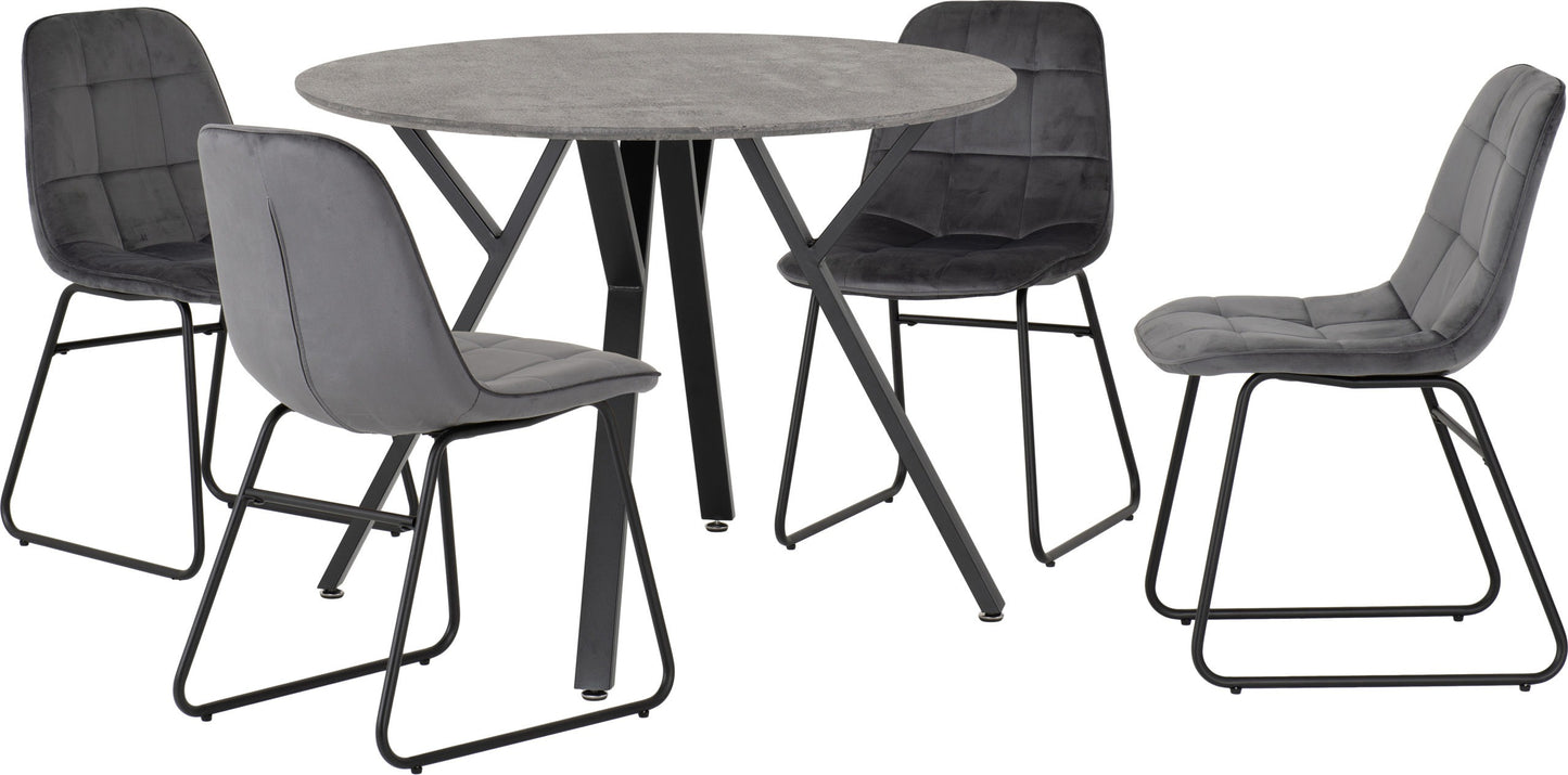 ATHENS ROUND DINING SET WITH LUKAS CHAIRS - CONCRETE EFFECT/BLACK/GREY VELVET