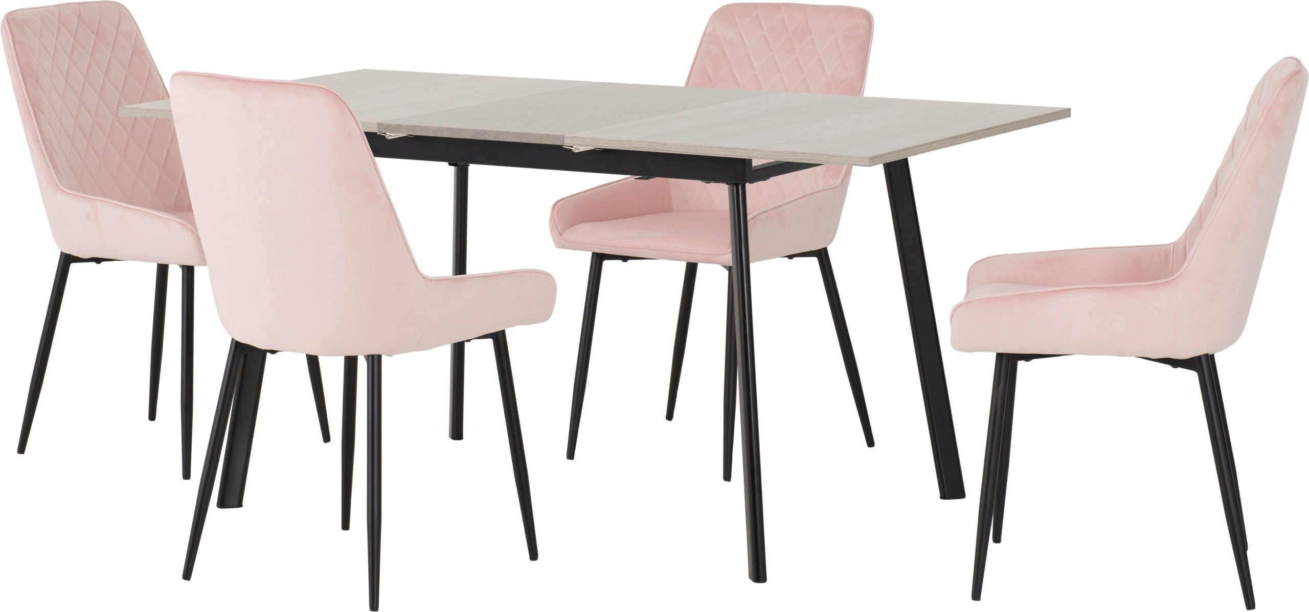 AVERY EXTENDING DINING SET WITH AVERY CHAIRS - CONCRETE/GREY OAK EFFECT/BLACK/BABY PINK VELVET