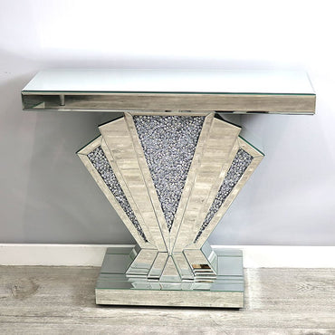 Deco Style Mirrored Diamond Crush Fan Shape Console Table