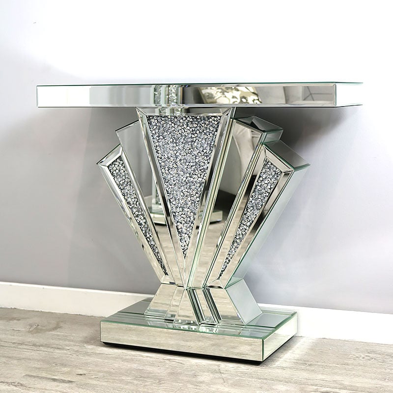 Deco Style Mirrored Diamond Crush Fan Shape Console Table