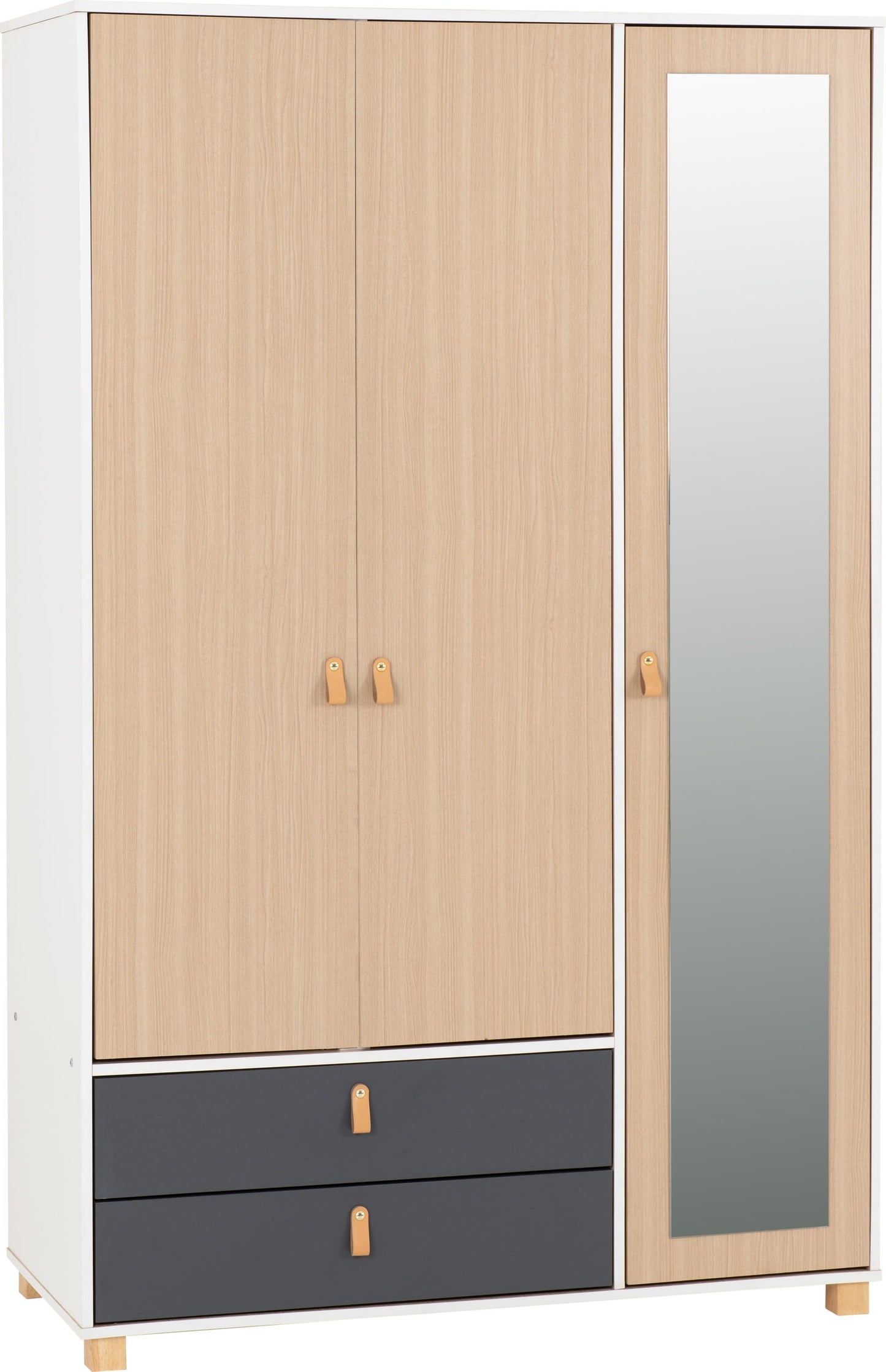 BROOKLYN 3 DOOR 2 DRAWER MIRRORED WARDROBE - OAK EFFECT/GREY