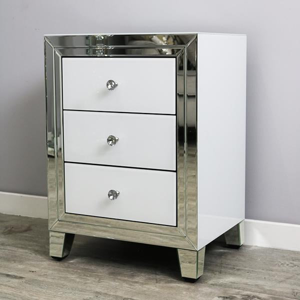 Brianna White Glass and Mirrored 3 Drawer Bedside Cabinet