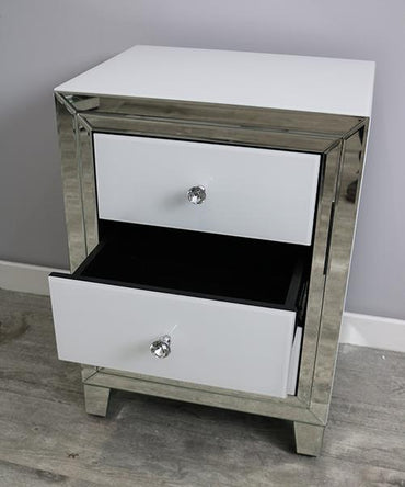 Brianna White Glass and Mirrored 3 Drawer Bedside Cabinet