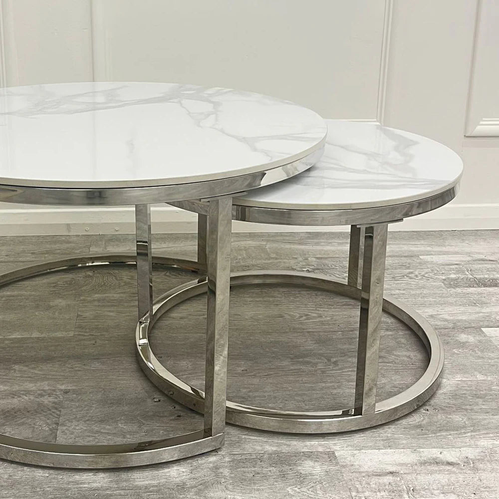 Cato Nest of 2 Short Round Coffee Silver Tables with Polar White Sintered Stone Tops