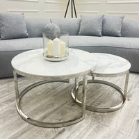 Cato Nest of 2 Short Round Coffee Silver Tables with Polar White Sintered Stone Tops