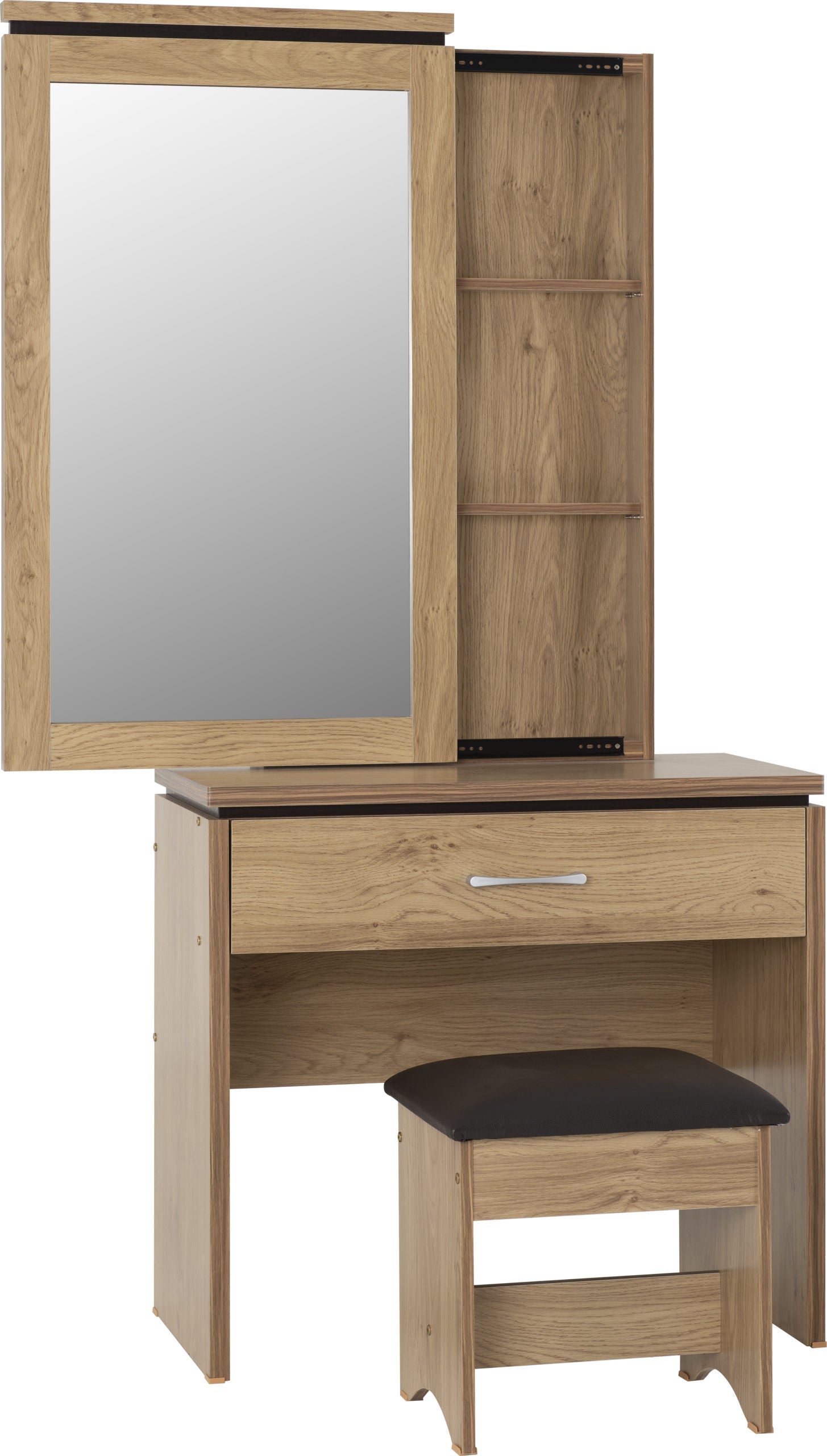 CHARLES 1 DRAWER DRESSING TABLE SET - OAK EFFECT VENEER WITH WALNUT TRIM/BROWN FAUX LEATHER