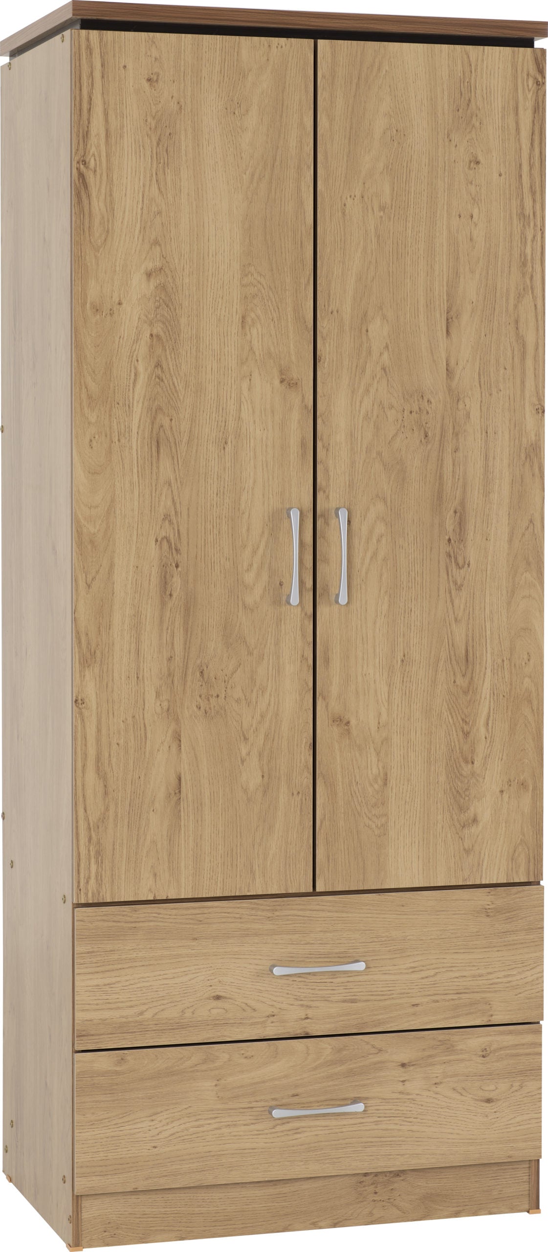 CHARLES 2 DOOR 2 DRAWER WARDROBE - OAK EFFECT VENEER WITH WALNUT TRIM