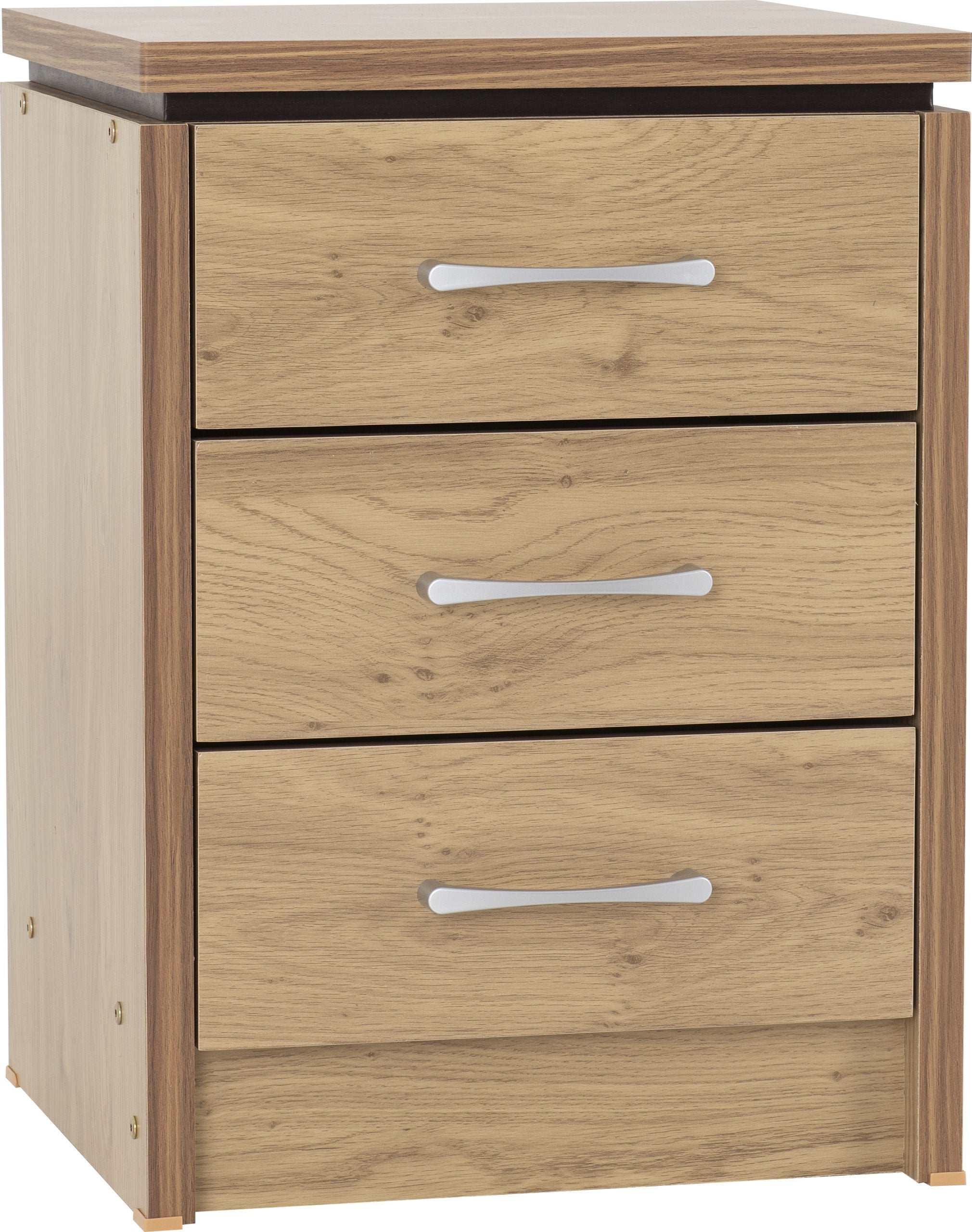 CHARLES 3 DRAWER BEDSIDE - OAK EFFECT VENEER WITH WALNUT TRIM