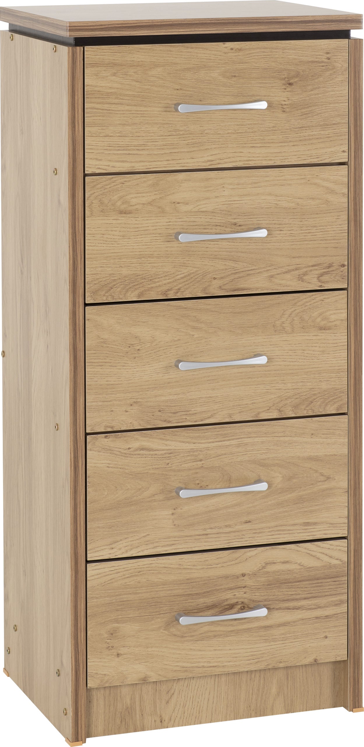 CHARLES 5 DRAWER NARROW CHEST - OAK EFFECT VENEER WITH WALNUT TRIM