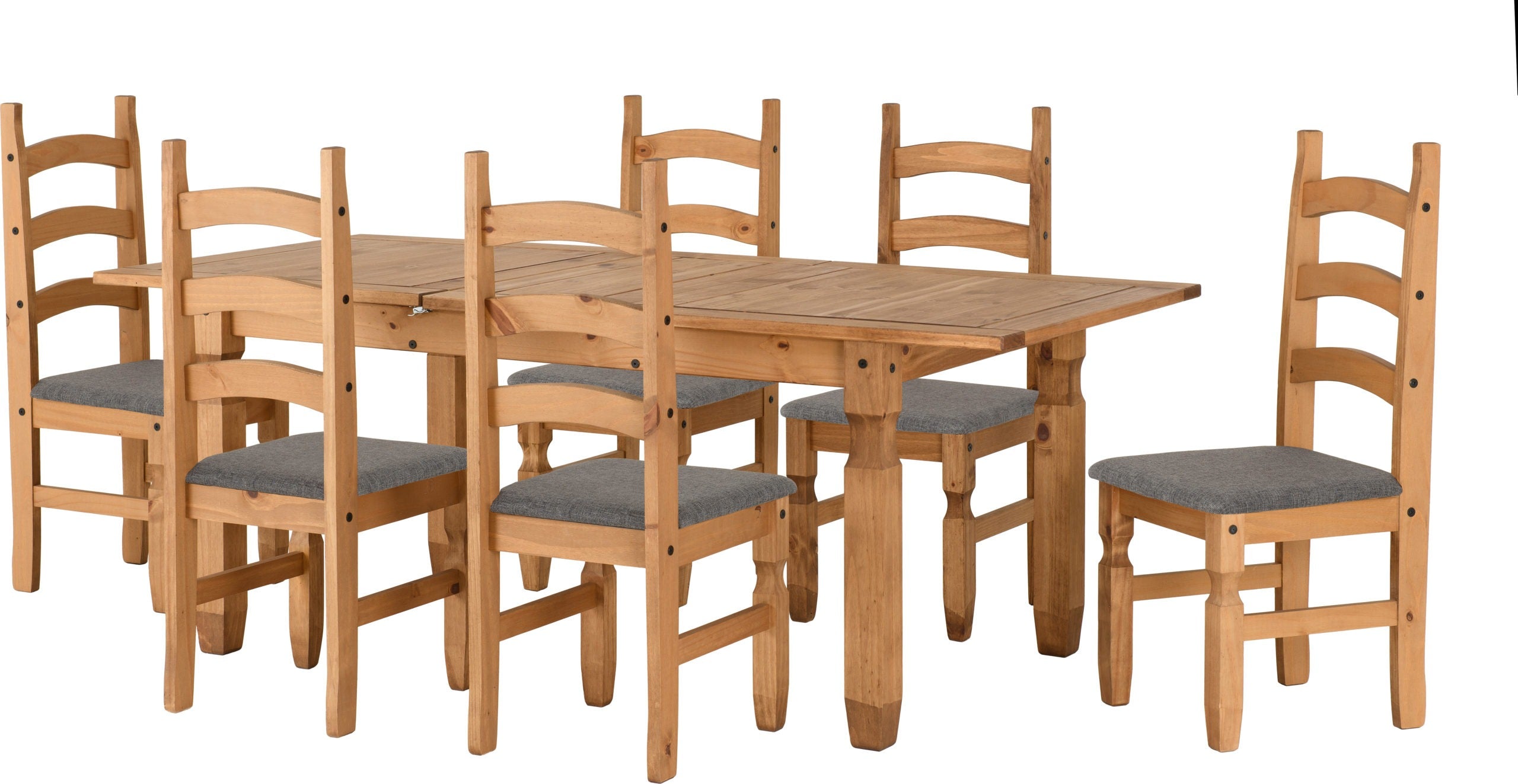 CORONA EXTENDING DINING SET (6 CHAIRS) - DISTRESSED WAXED PINE/GREY FABRIC