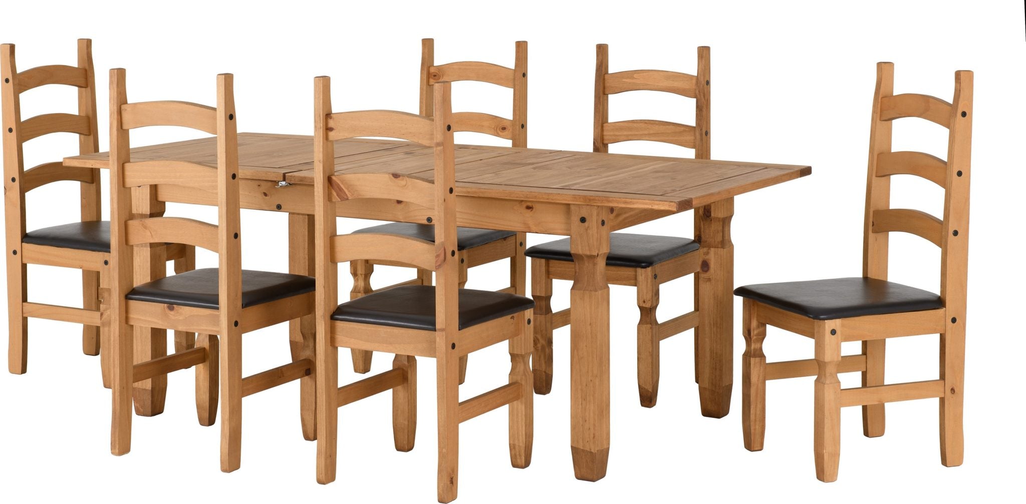 CORONA EXTENDING DINING SET (6 CHAIRS) - DISTRESSED WAXED PINE/BROWN FAUX LEATHER