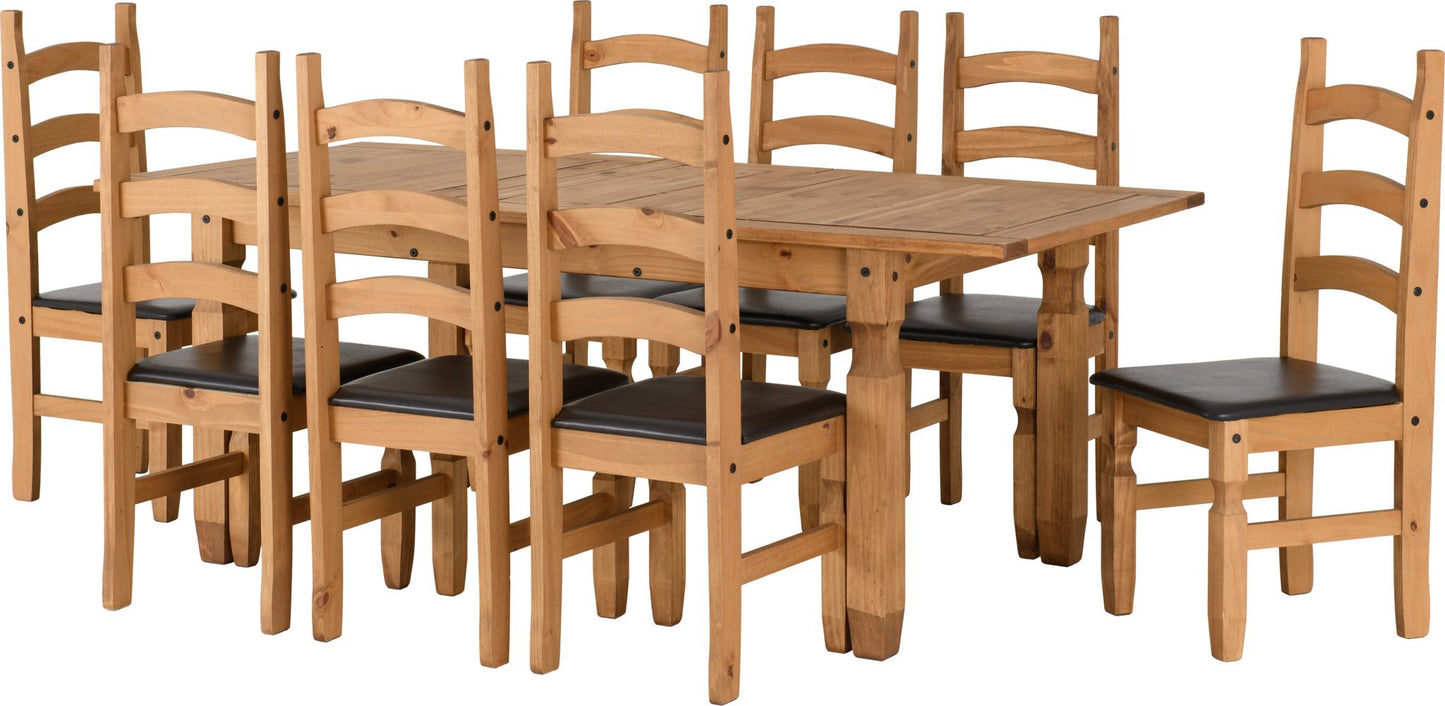 CORONA EXTENDING DINING SET (8 CHAIRS) - DISTRESSED WAXED PINE/BROWN FAUX LEATHER