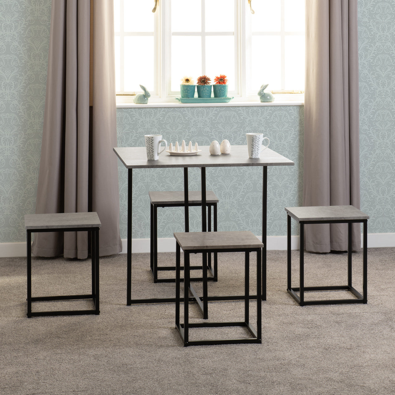 KENT 1+4 STOWAWAY DINING SET - STONE EFFECT/BLACK