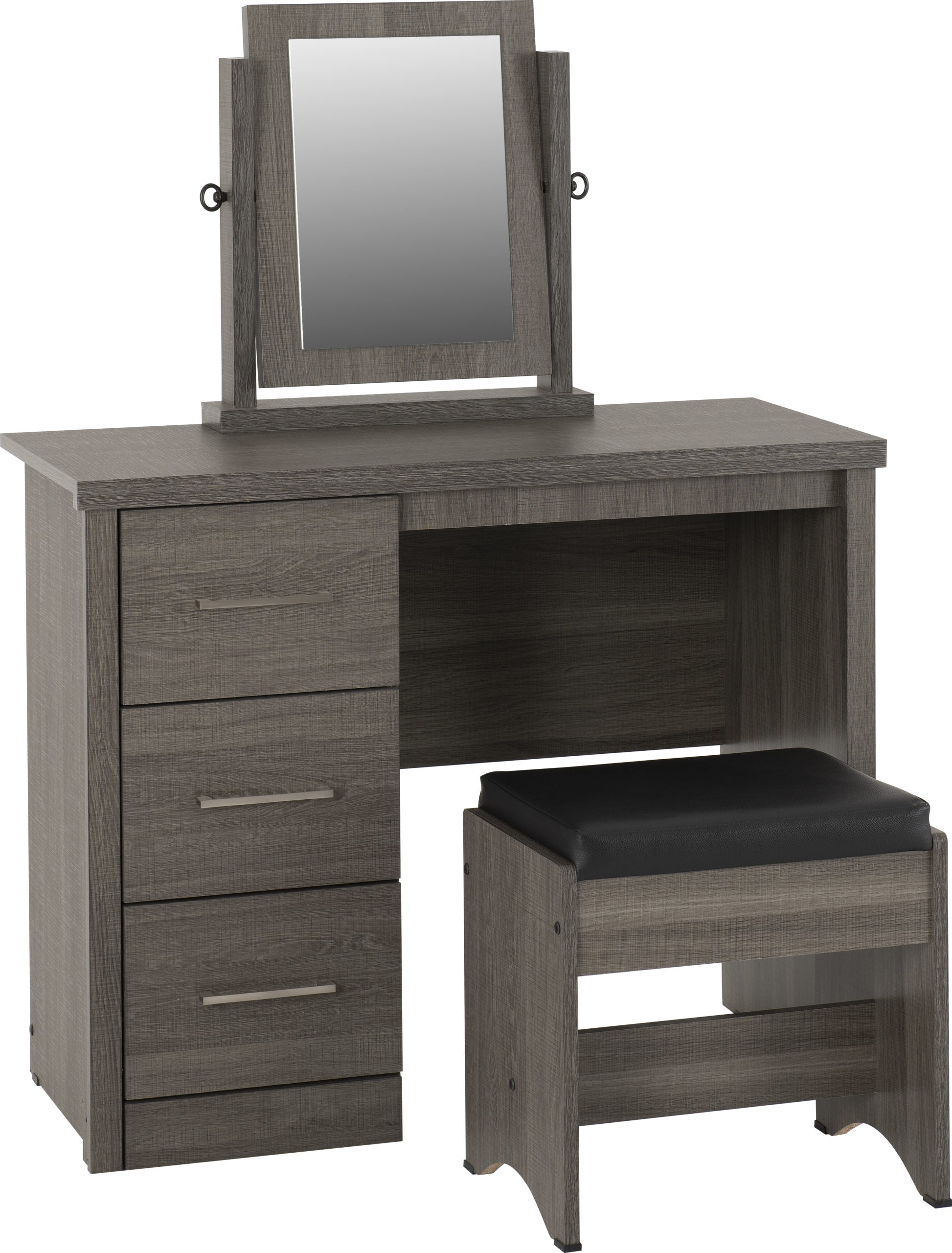 LISBON 3 PIECE DRESSING TABLE SET WITH MIRROR - BLACK WOOD GRAIN/BLACK FAUX LEATHER