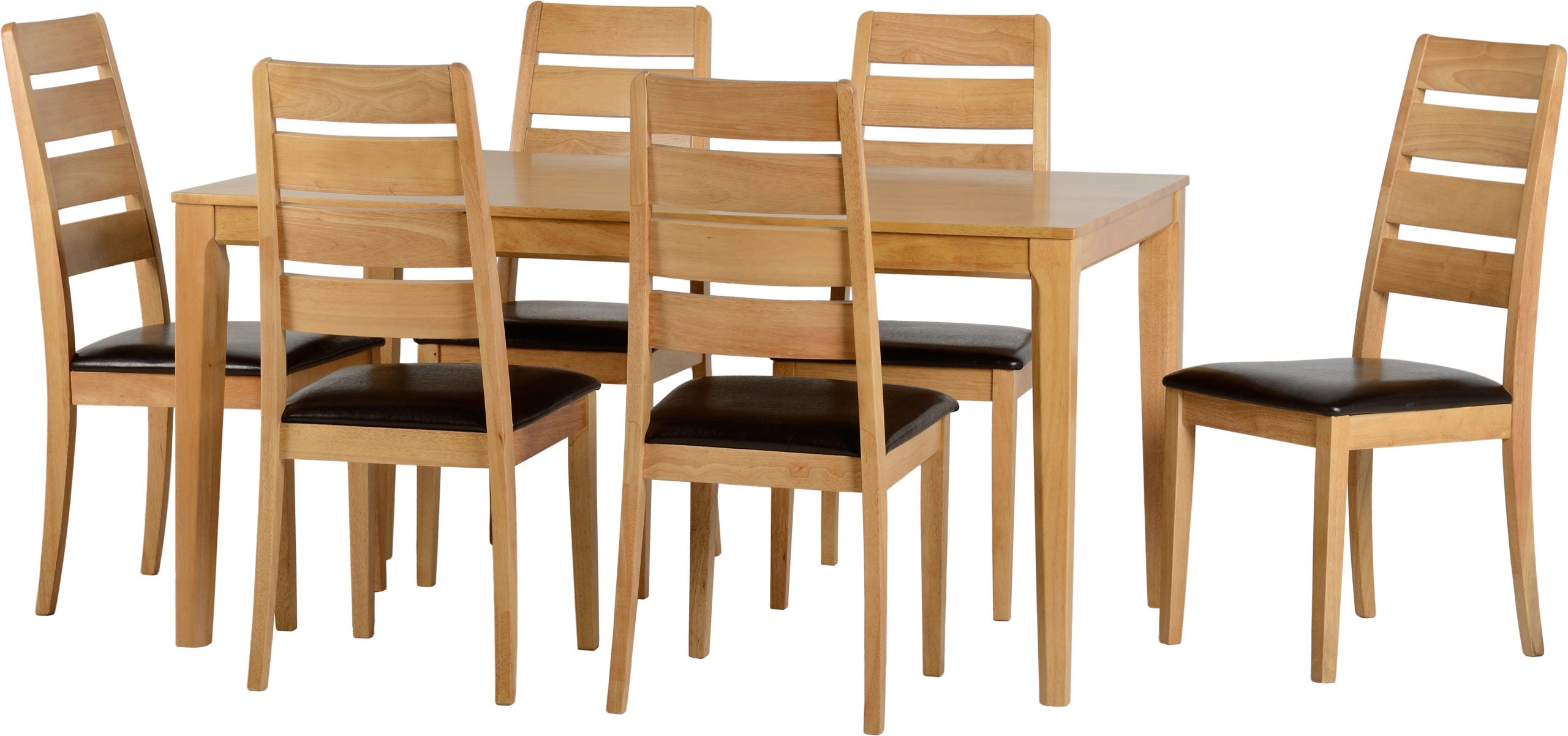 LOGAN LARGE DINING SET - OAK VARNISH/BROWN FAUX LEATHER