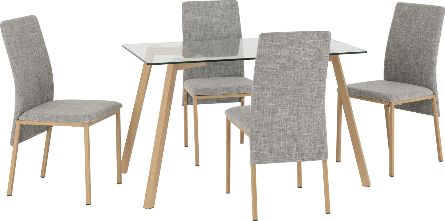 MORTON DINING SET - CLEAR GLASS/OAK EFFECT VENEER/GREY FABRIC