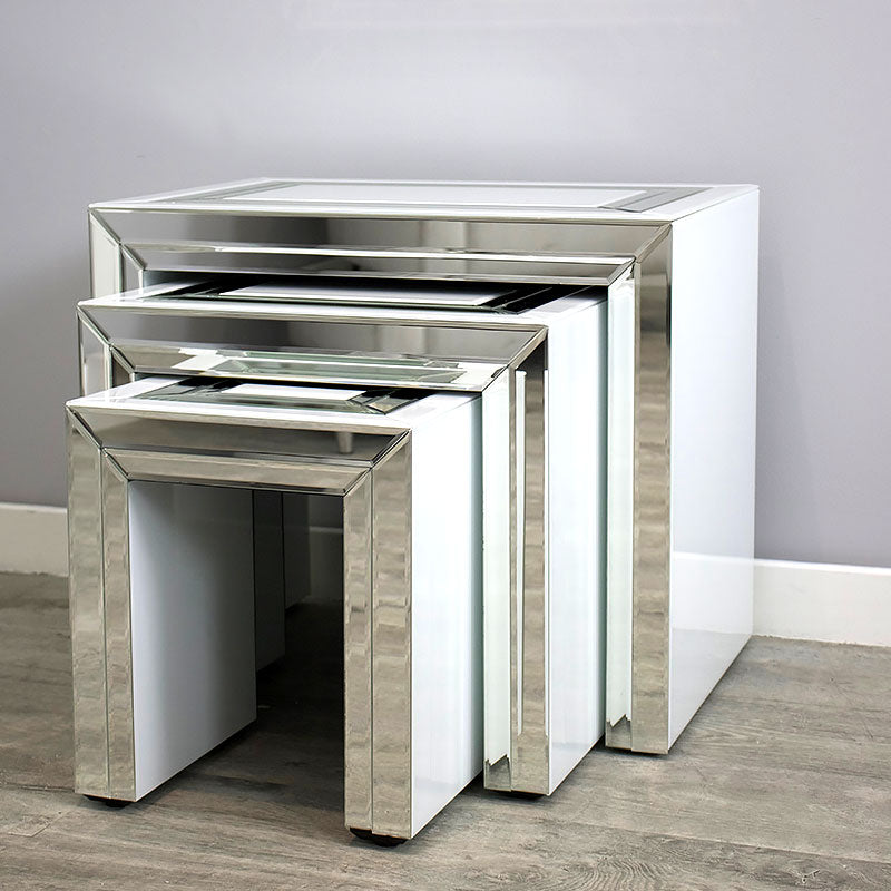 White Mirrored Glass Nest Of 3 Side Tables