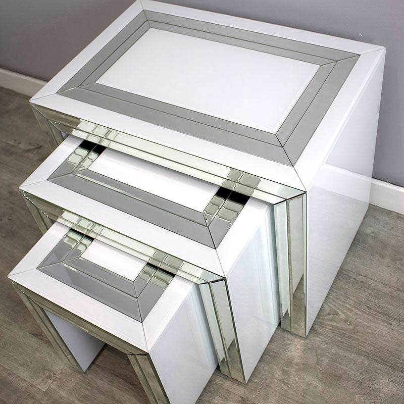 White Mirrored Glass Nest Of 3 Side Tables