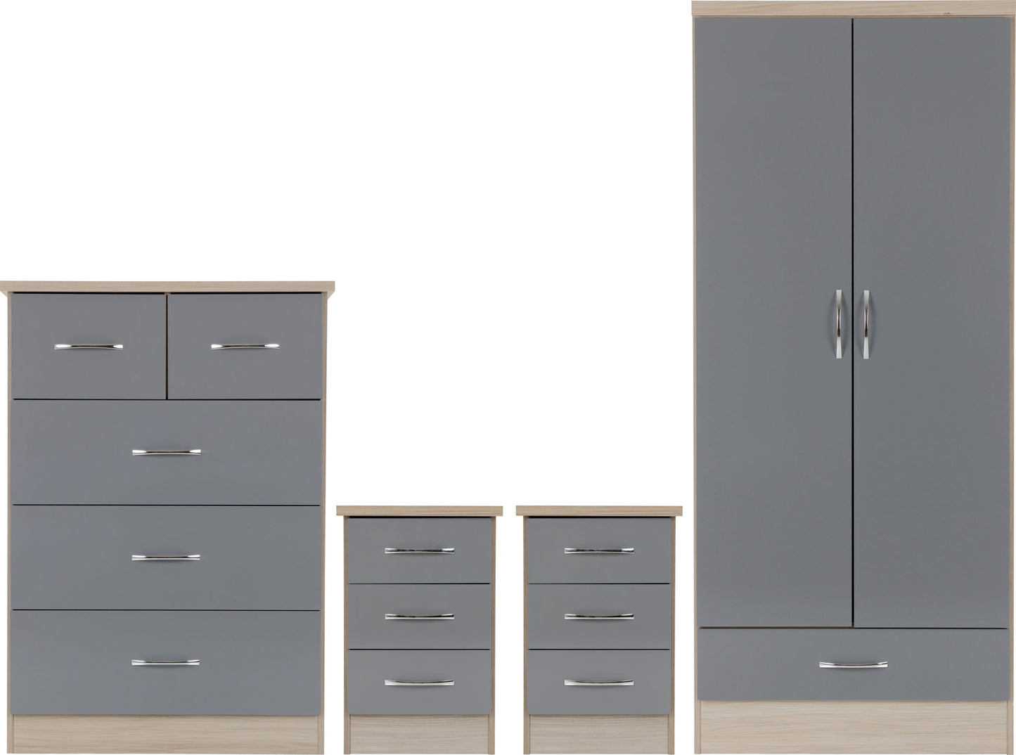 NEVADA 2 DOOR 1 DRAWER WARDROBE BEDROOM SET - GREY GLOSS/LIGHT OAK EFFECT VENEER