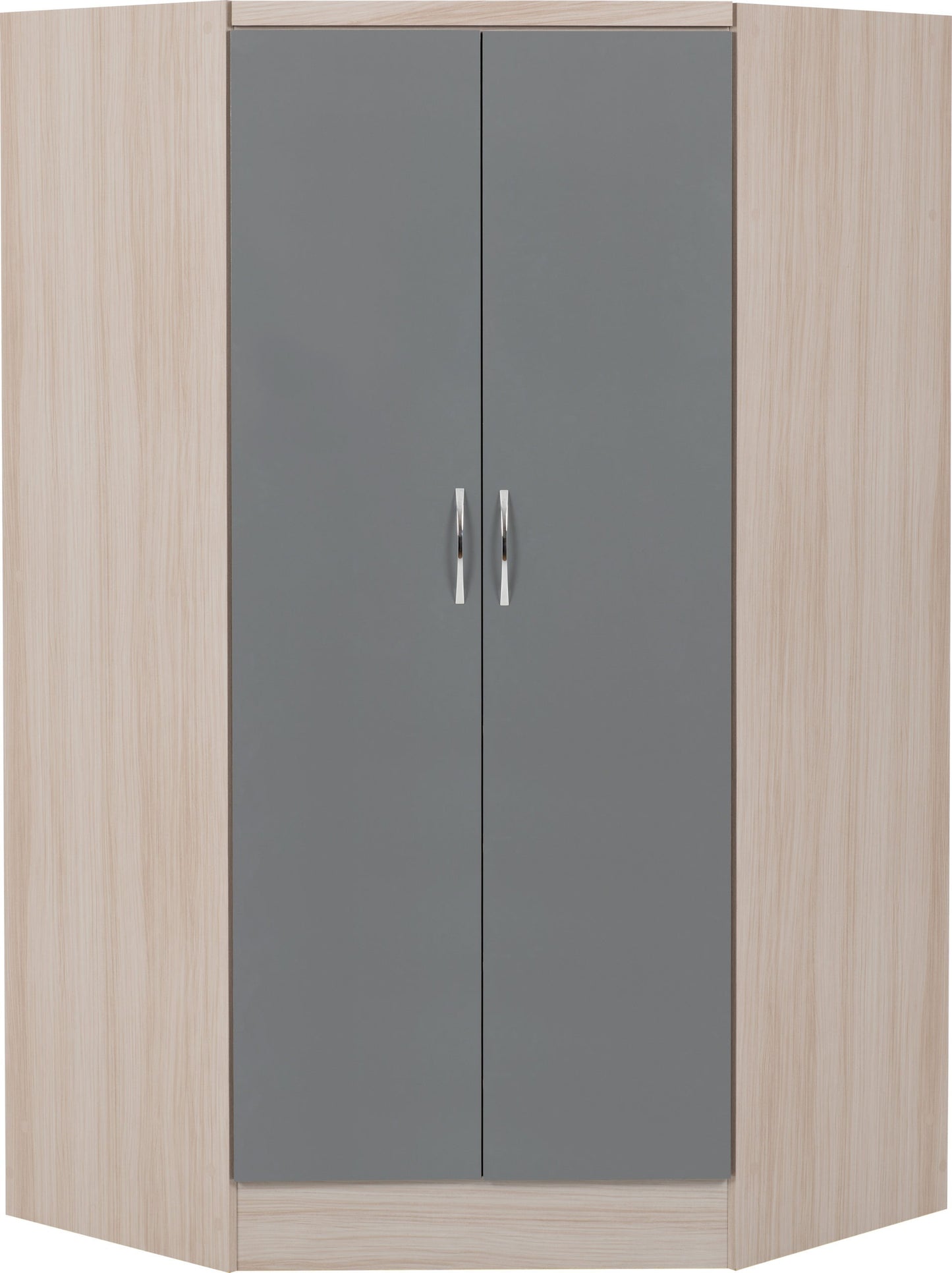 NEVADA 2 DOOR CORNER WARDROBE - GREY GLOSS/LIGHT OAK EFFECT VENEER