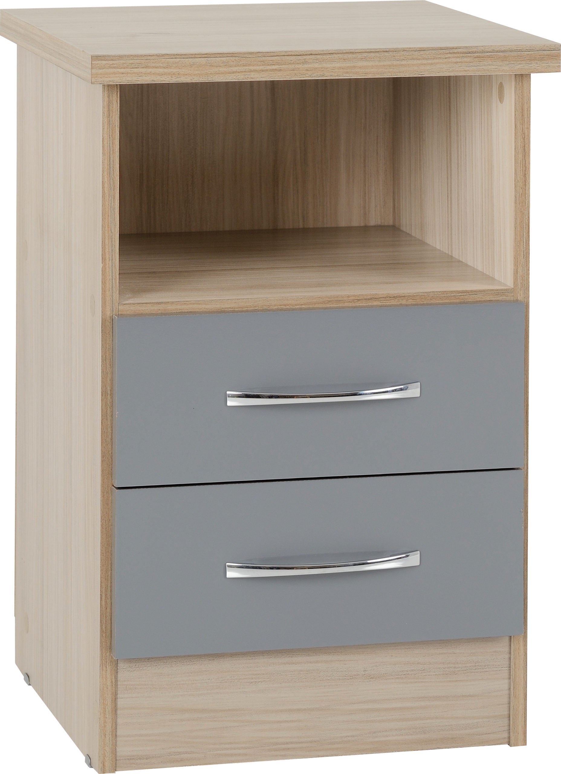 NEVADA 2 DRAWER BEDSIDE - GREY GLOSS/LIGHT OAK EFFECT VENEER