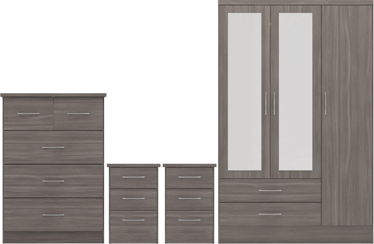 NEVADA 3 DOOR 2 DRAWER MIRRORED WARDROBE BEDROOM SET - BLACK WOOD GRAIN