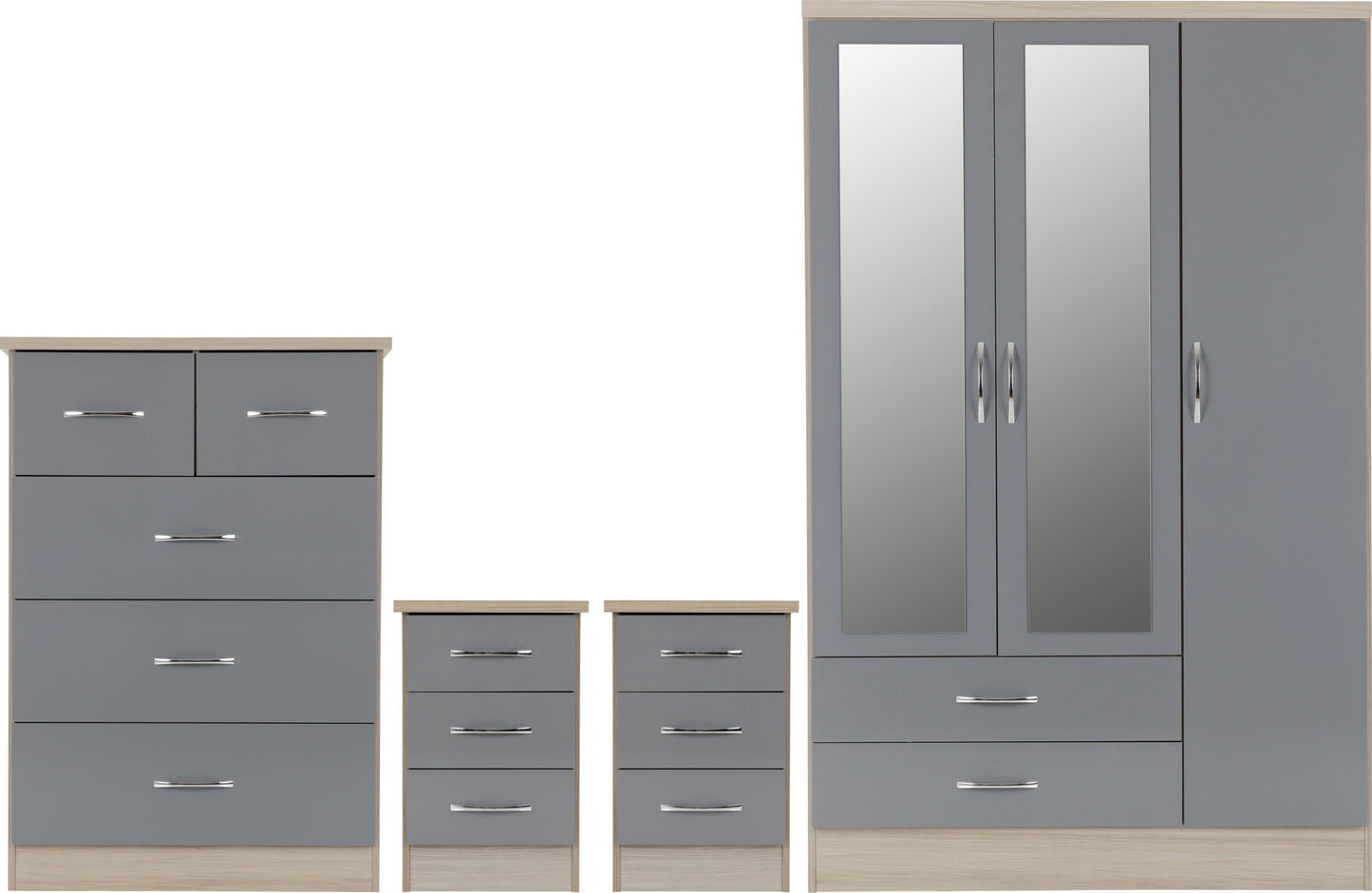 NEVADA 3 DOOR 2 DRAWER MIRRORED WARDROBE BEDROOM SET - GREY GLOSS/LIGHT OAK EFFECT VENEER