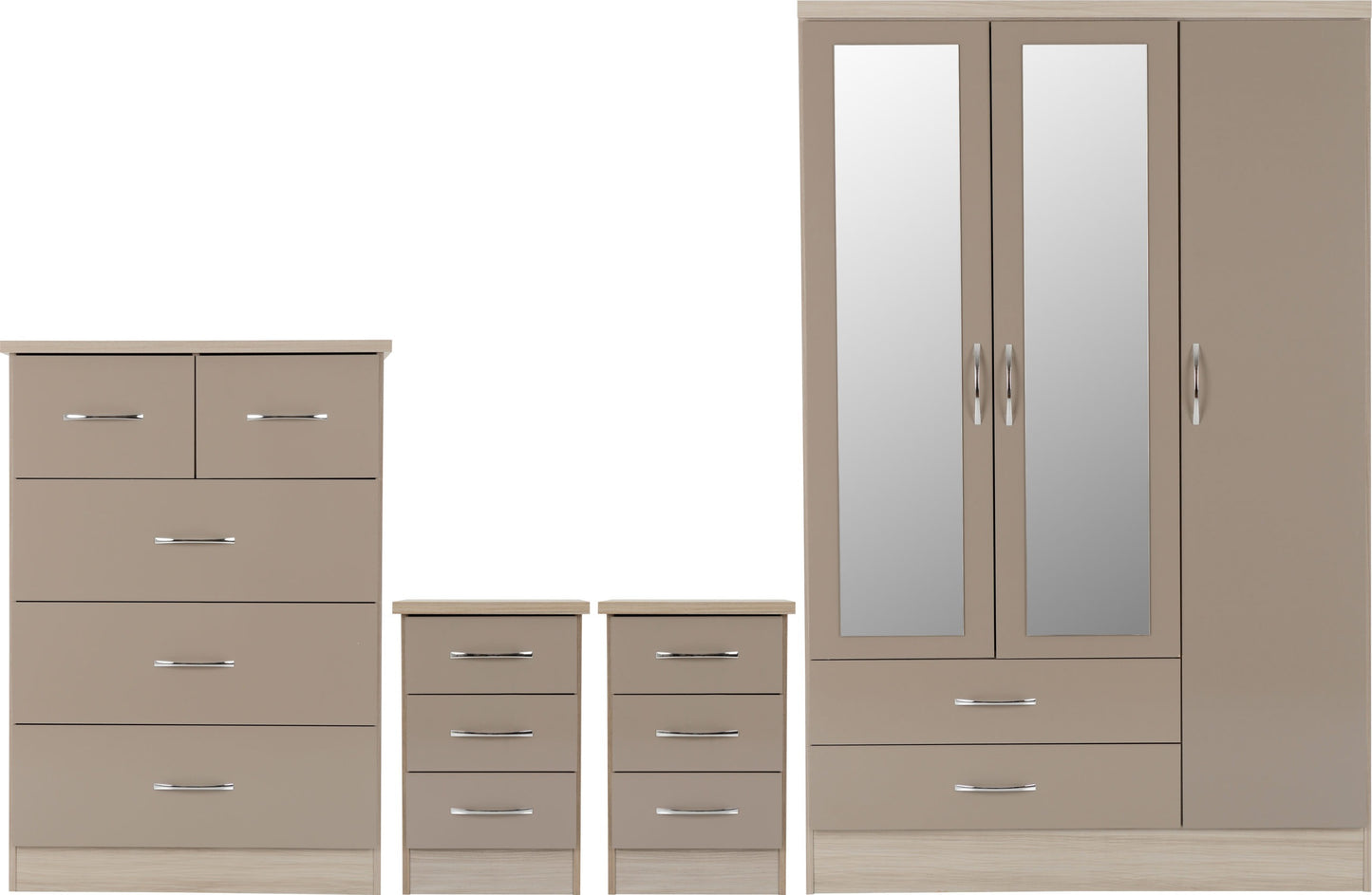 NEVADA 3 DOOR 2 DRAWER MIRRORED WARDROBE BEDROOM SET - OYSTER GLOSS/LIGHT OAK EFFECT VENEER