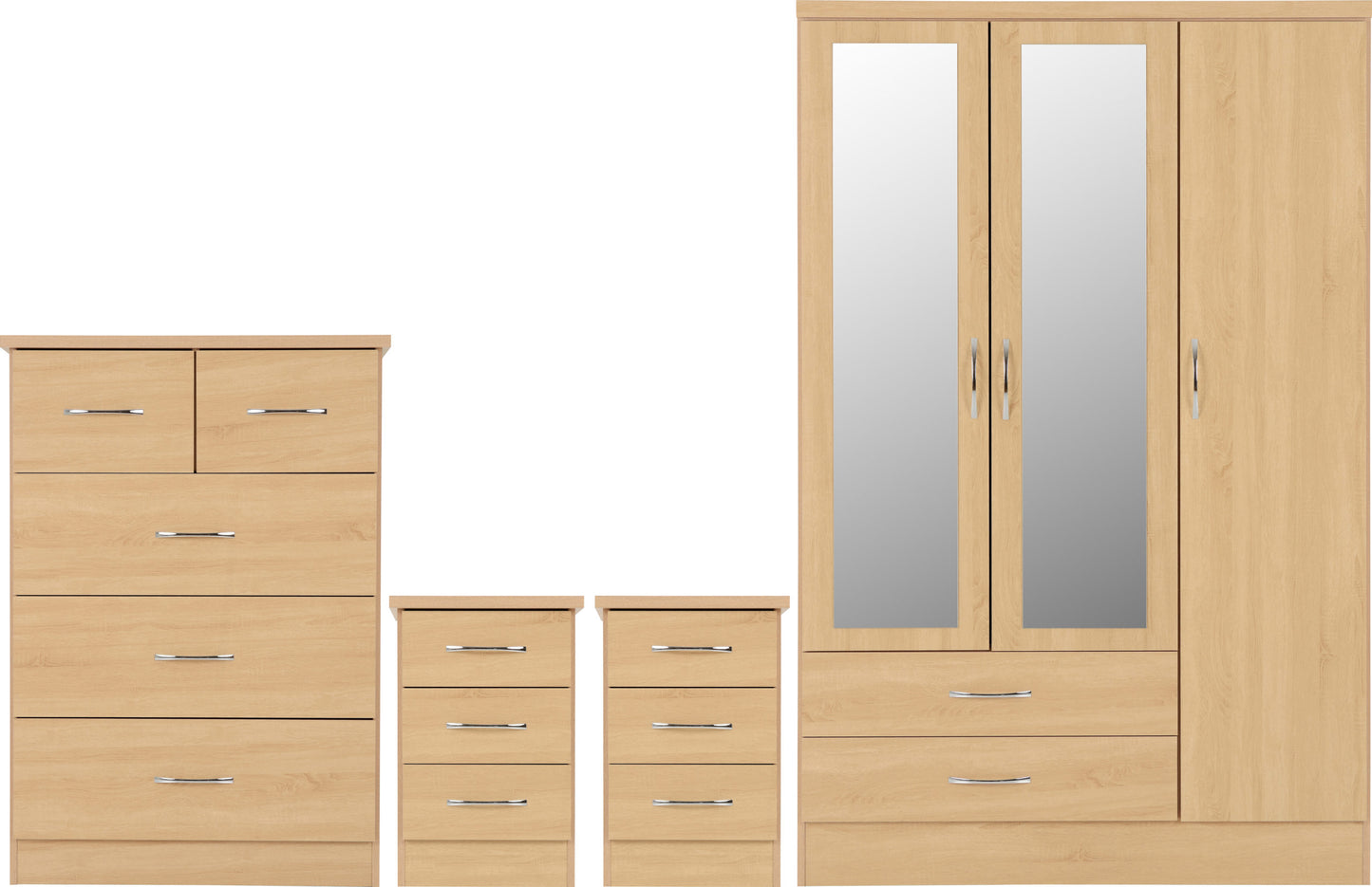 NEVADA 3 DOOR 2 DRAWER MIRRORED WARDROBE BEDROOM SET - SONOMA OAK EFFECT