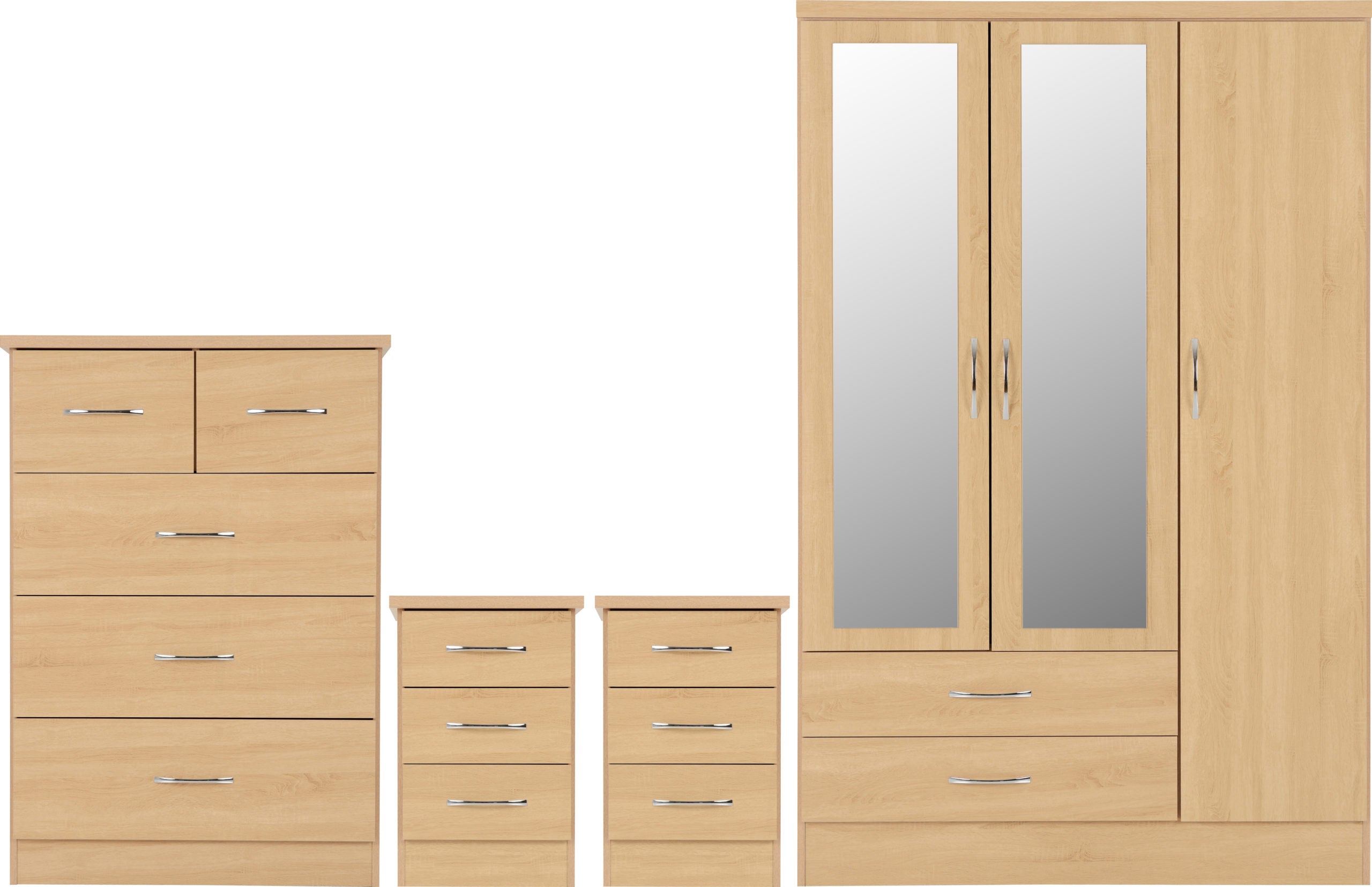 NEVADA 3 DOOR 2 DRAWER MIRRORED WARDROBE BEDROOM SET - SONOMA OAK EFFECT