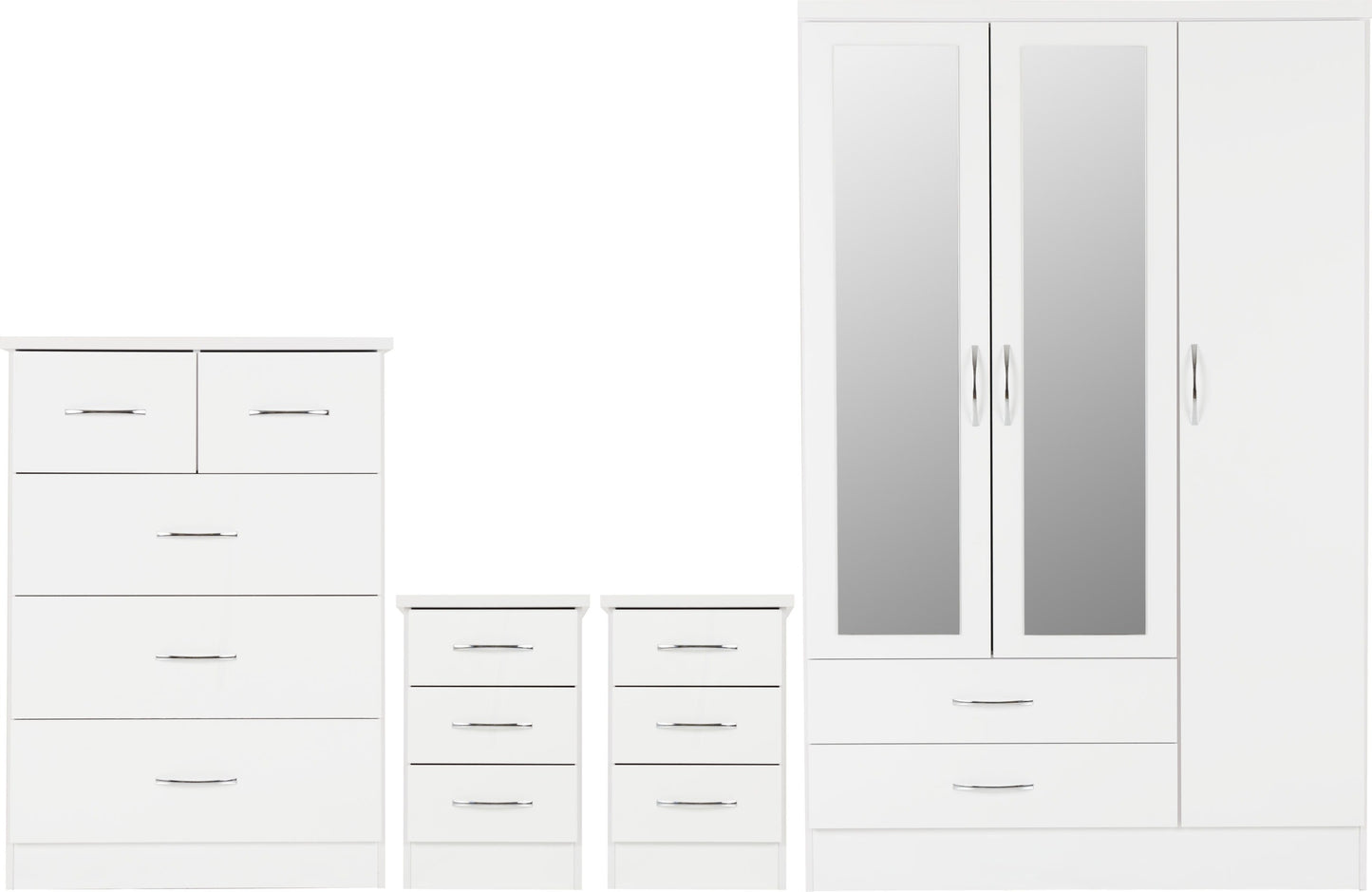 NEVADA 3 DOOR 2 DRAWER MIRRORED WARDROBE BEDROOM SET - WHITE GLOSS