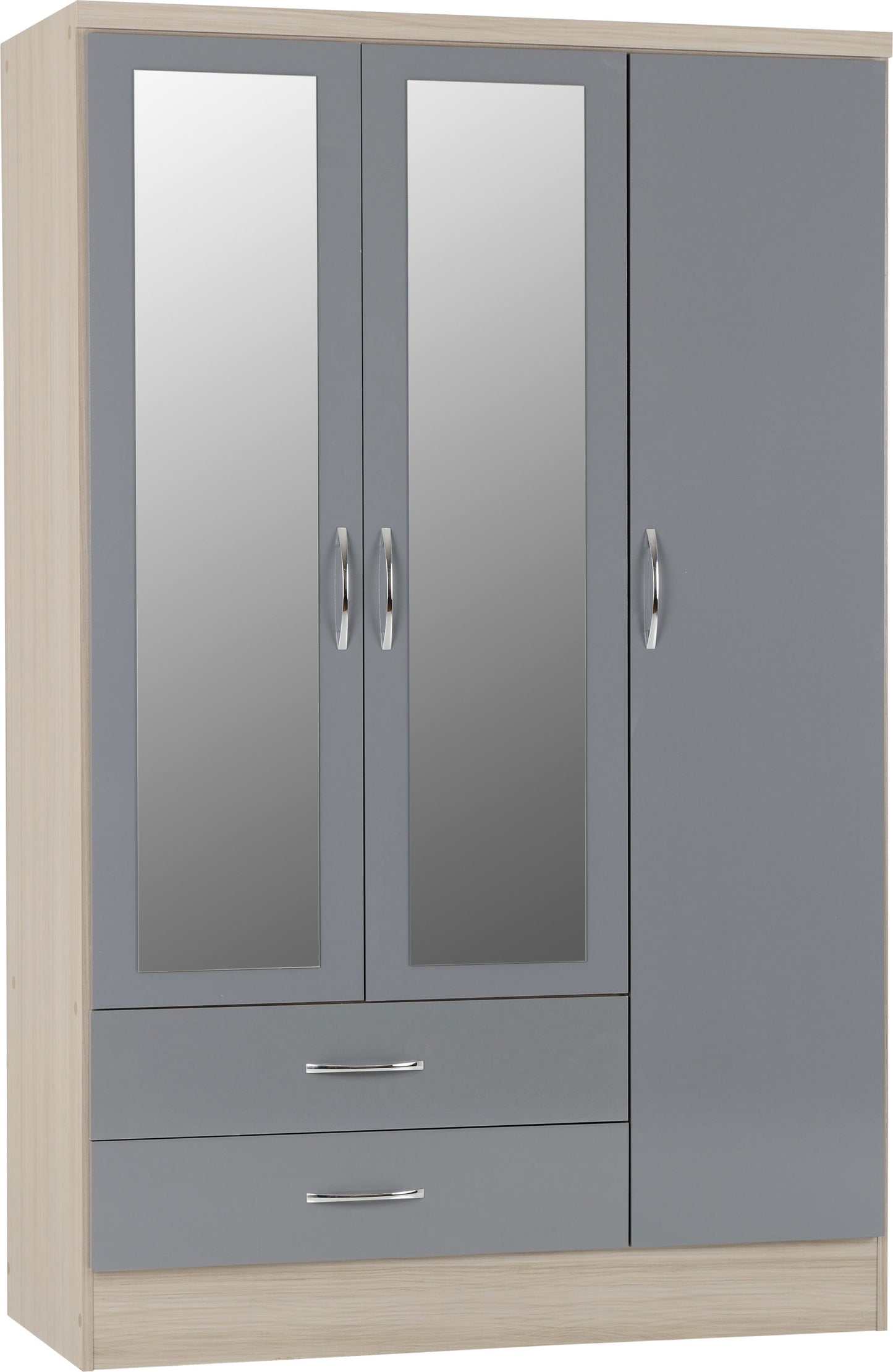 NEVADA 3 DOOR 2 DRAWER MIRRORED WARDROBE - GREY GLOSS/LIGHT OAK EFFECT VENEER