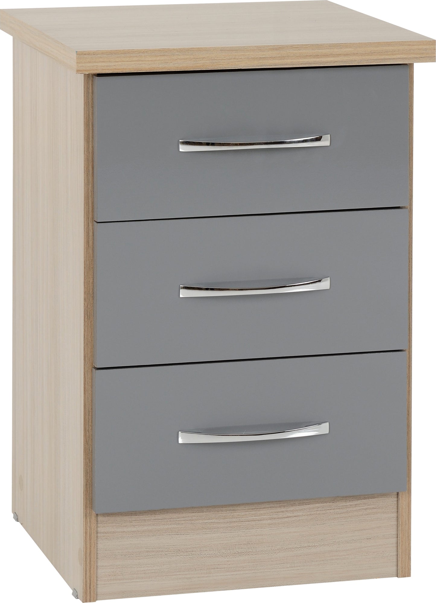 NEVADA 3 DRAWER BEDSIDE - GREY GLOSS/LIGHT OAK EFFECT VENEER