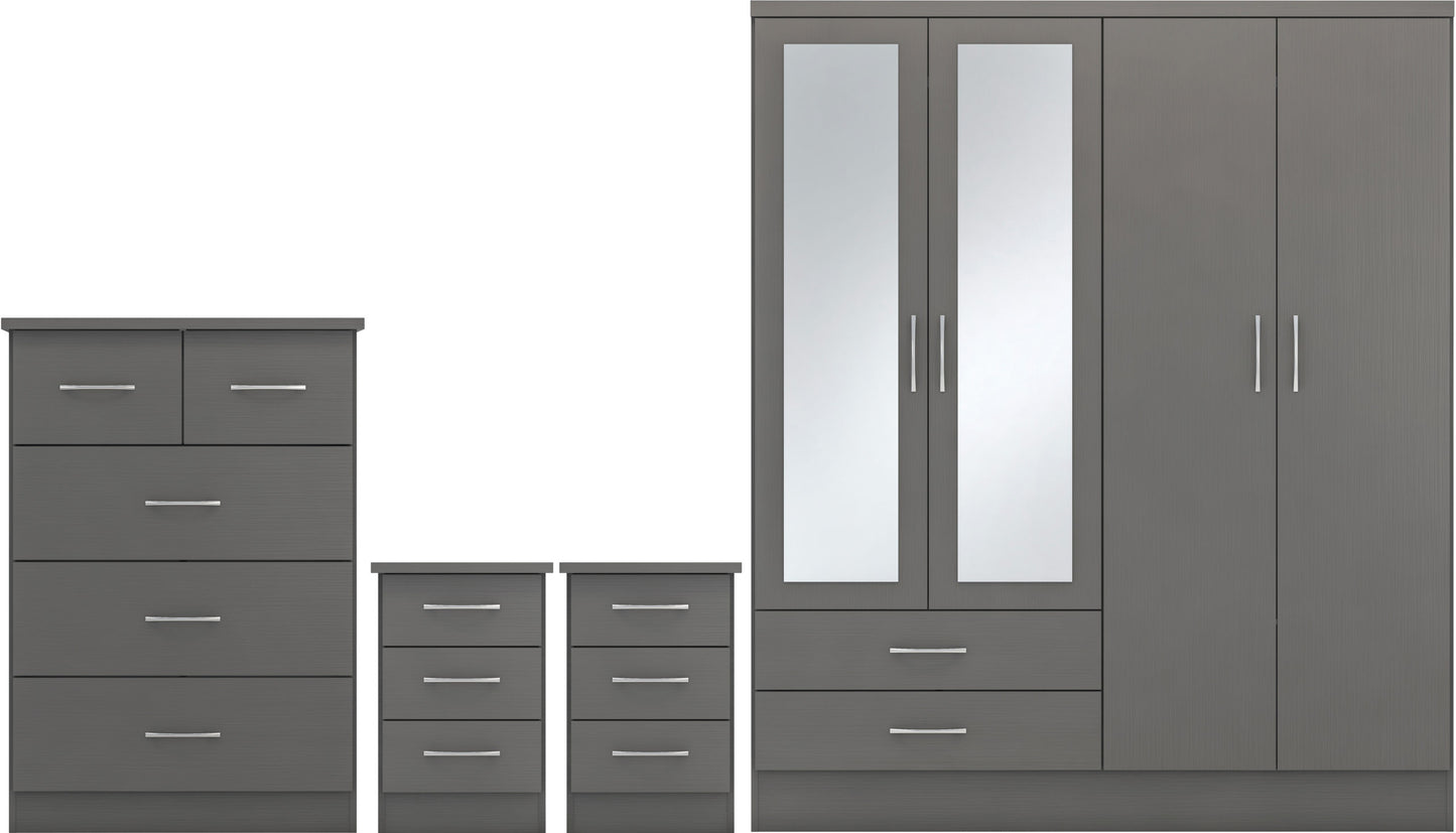 NEVADA 4 DOOR 2 DRAWER MIRRORED WARDROBE BEDROOM SET - 3D EFFECT GREY