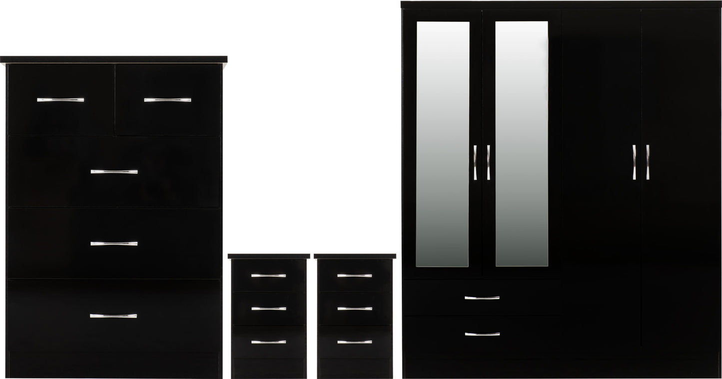 NEVADA 4 DOOR 2 DRAWER MIRRORED WARDROBE BEDROOM SET - BLACK GLOSS