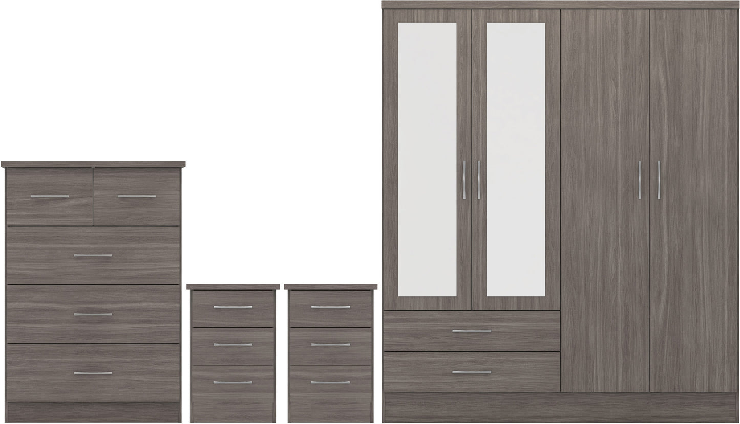 NEVADA 4 DOOR 2 DRAWER MIRRORED WARDROBE BEDROOM SET - BLACK WOOD GRAIN