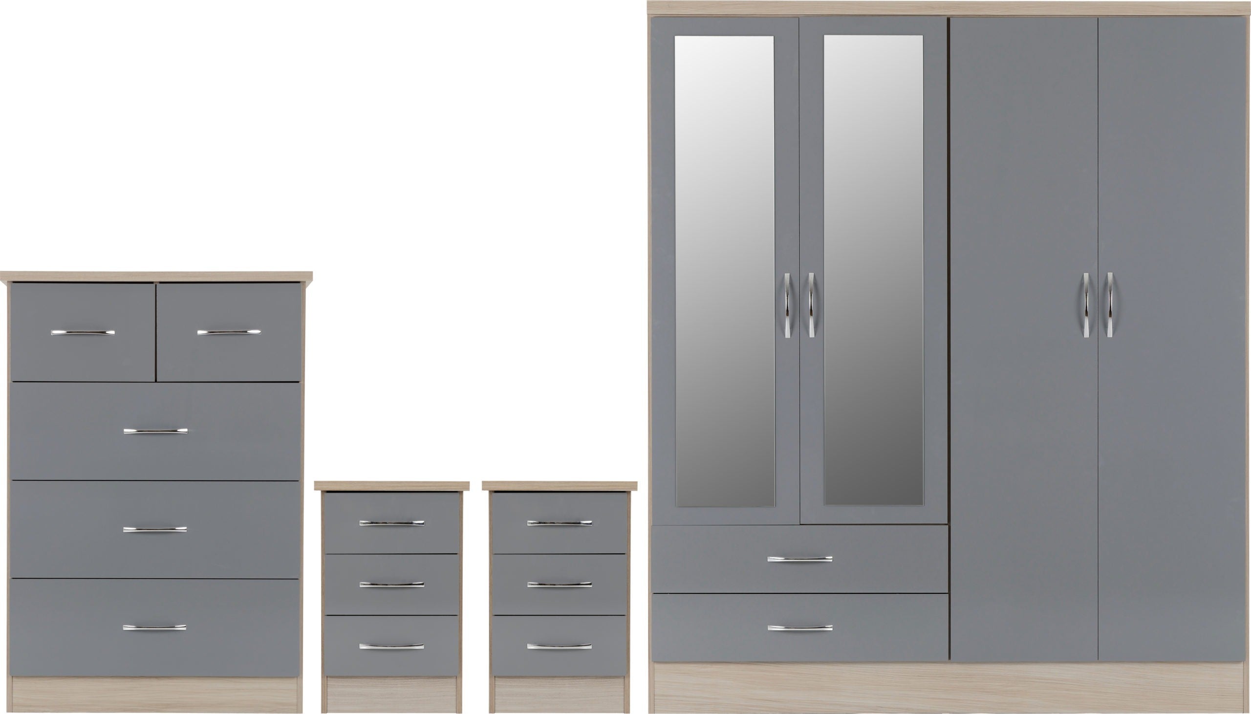 NEVADA 4 DOOR 2 DRAWER MIRRORED WARDROBE BEDROOM SET - GREY GLOSS/LIGHT OAK EFFECT VENEER