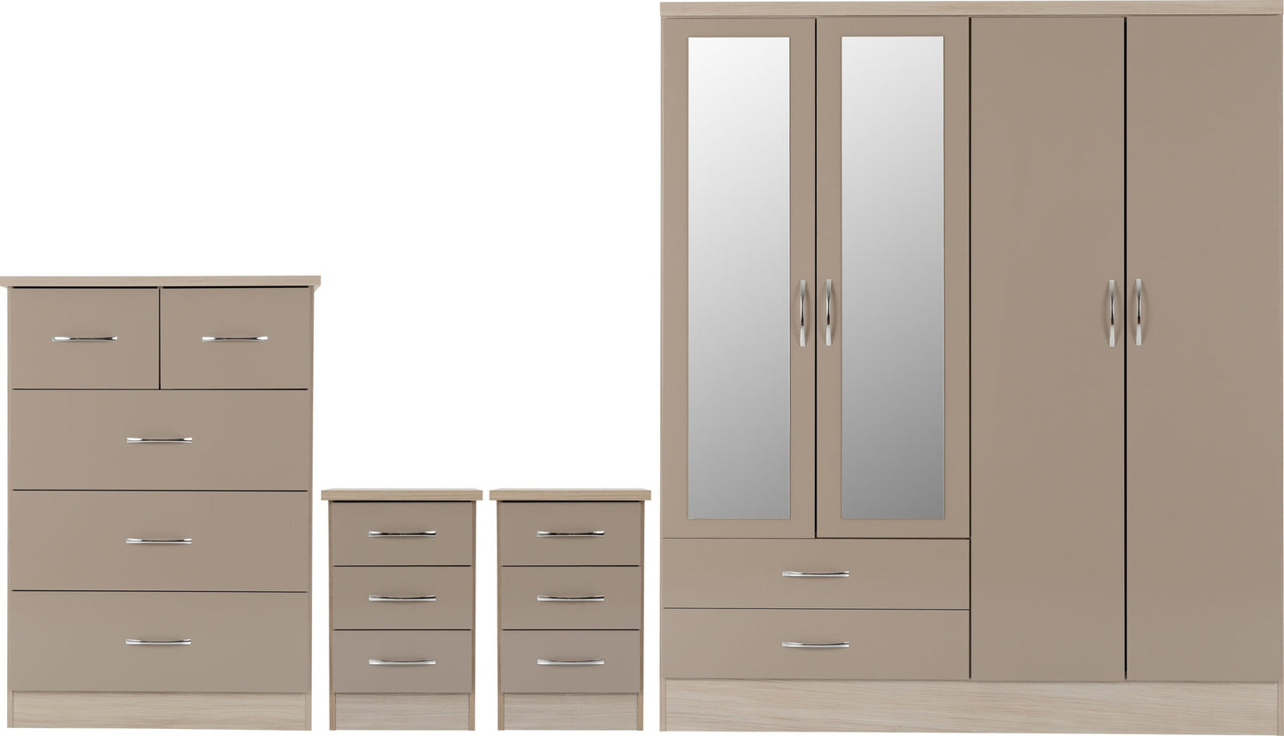 NEVADA 4 DOOR 2 DRAWER MIRRORED WARDROBE BEDROOM SET - OYSTER GLOSS/LIGHT OAK EFFECT VENEER